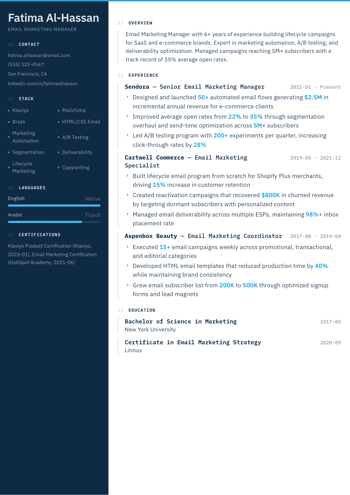 Email Marketing Manager resume example, Datum template