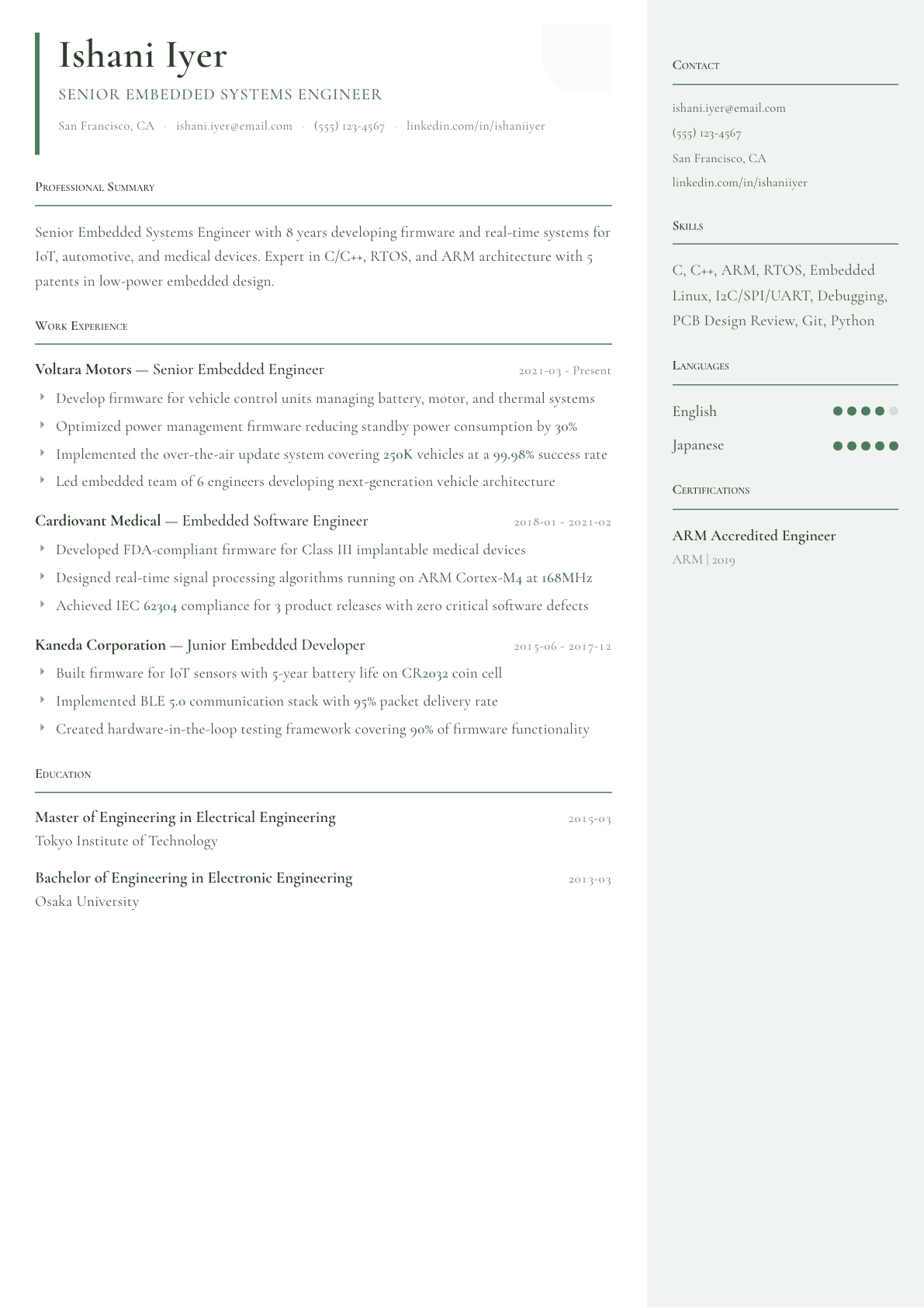 Embedded Systems Engineer resume example, Copenhagen template