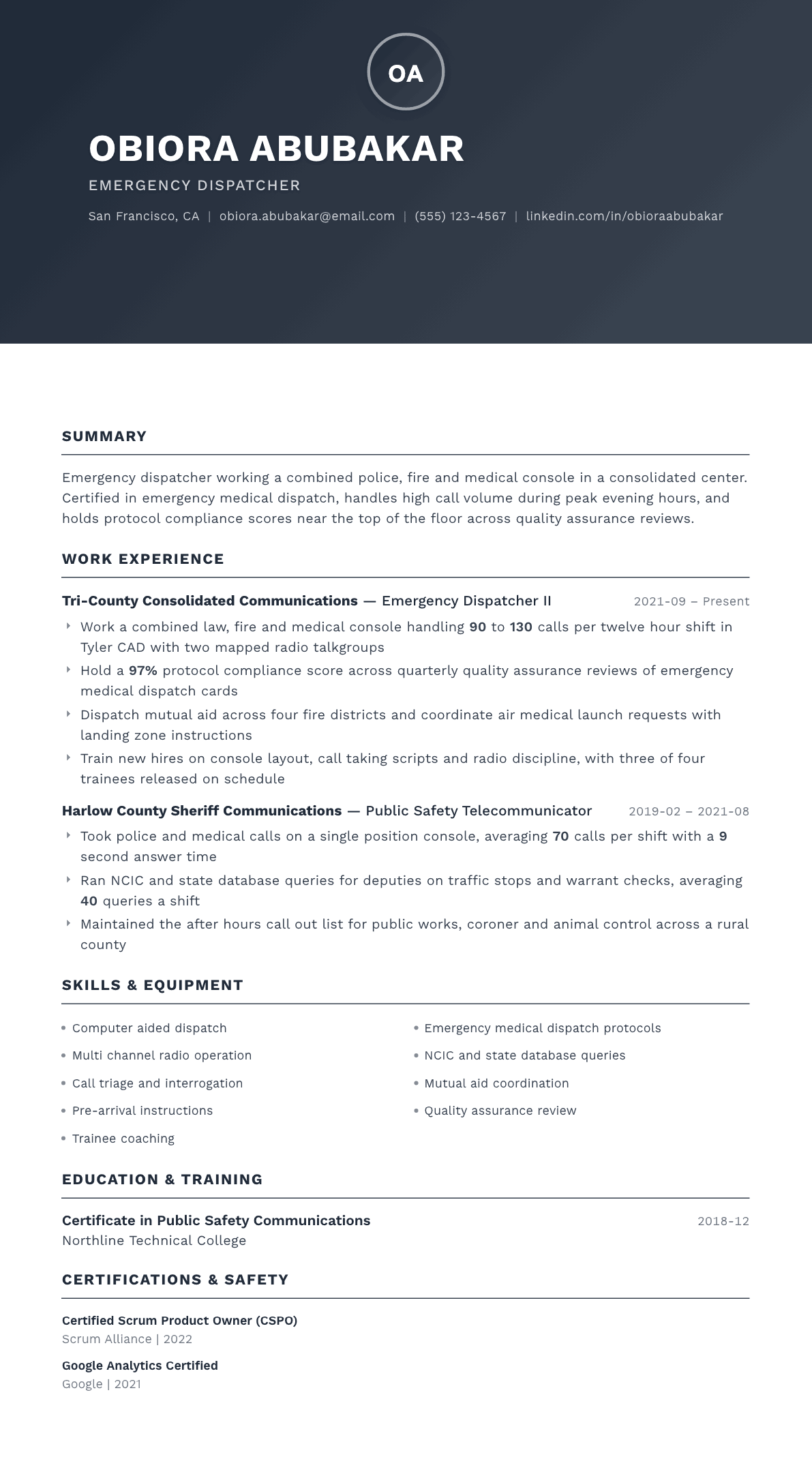 Emergency Dispatcher resume example, Foundation template