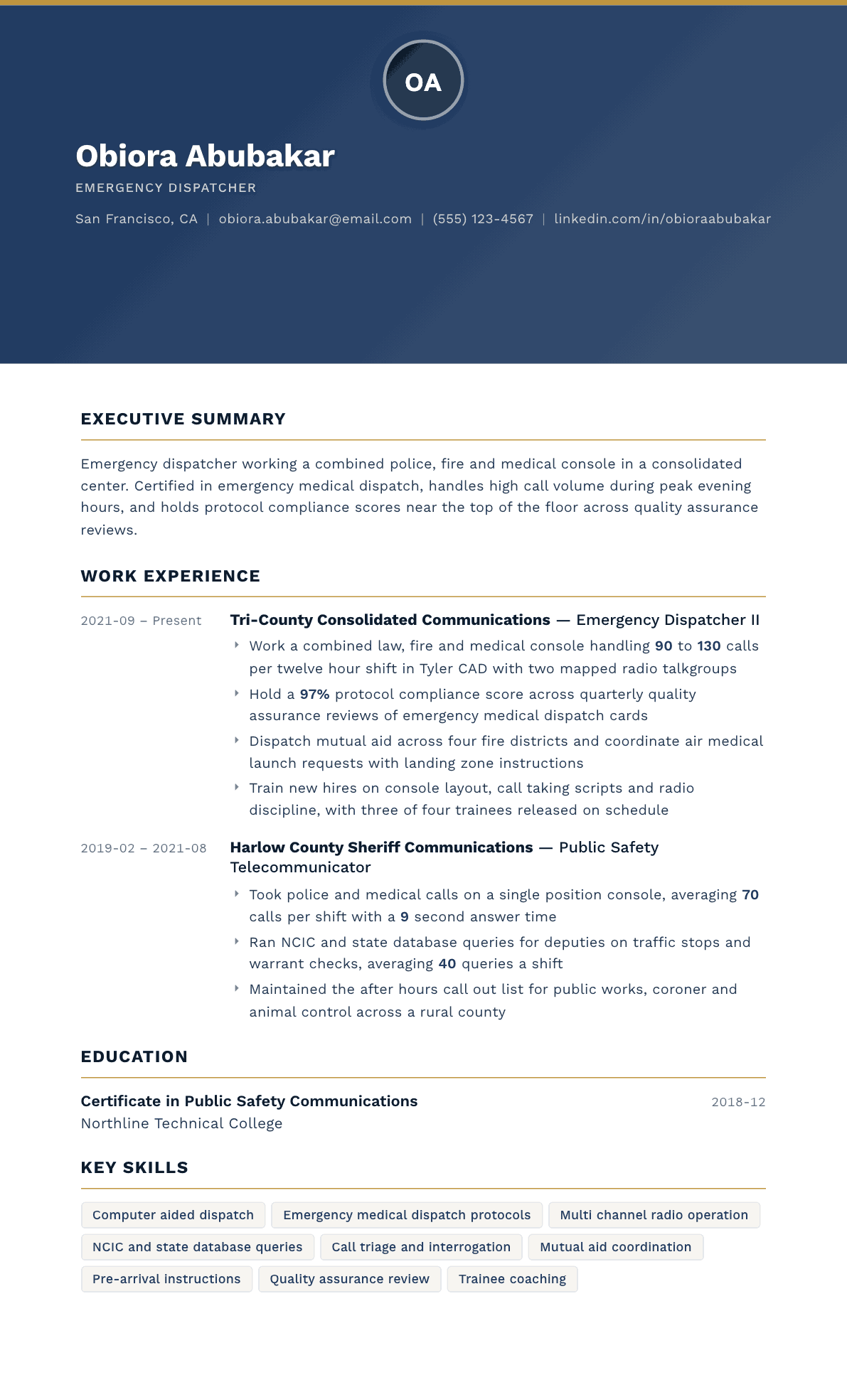 Emergency Dispatcher resume example, Sovereign template