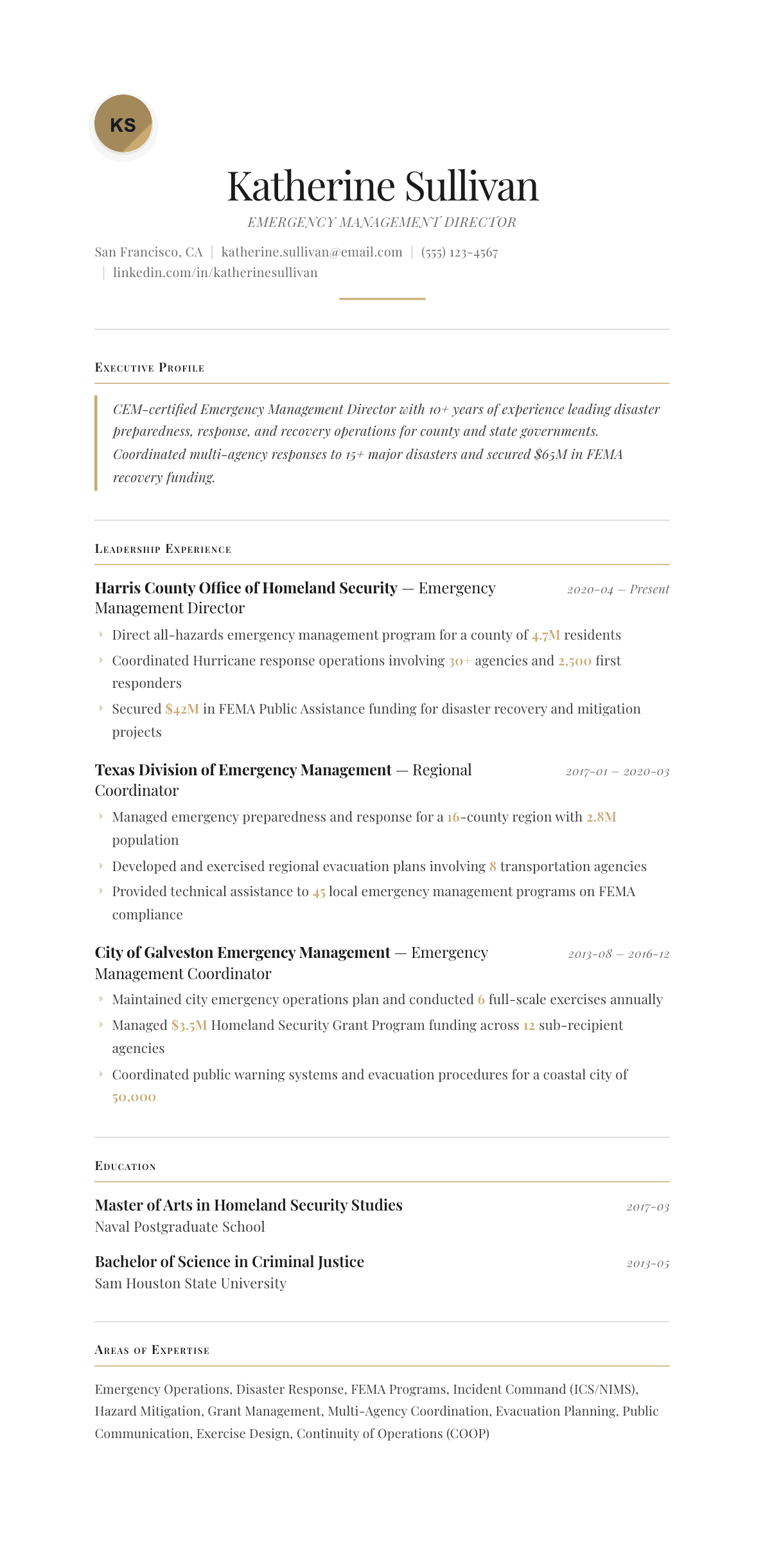 Emergency Management Director resume example, Chancellor template