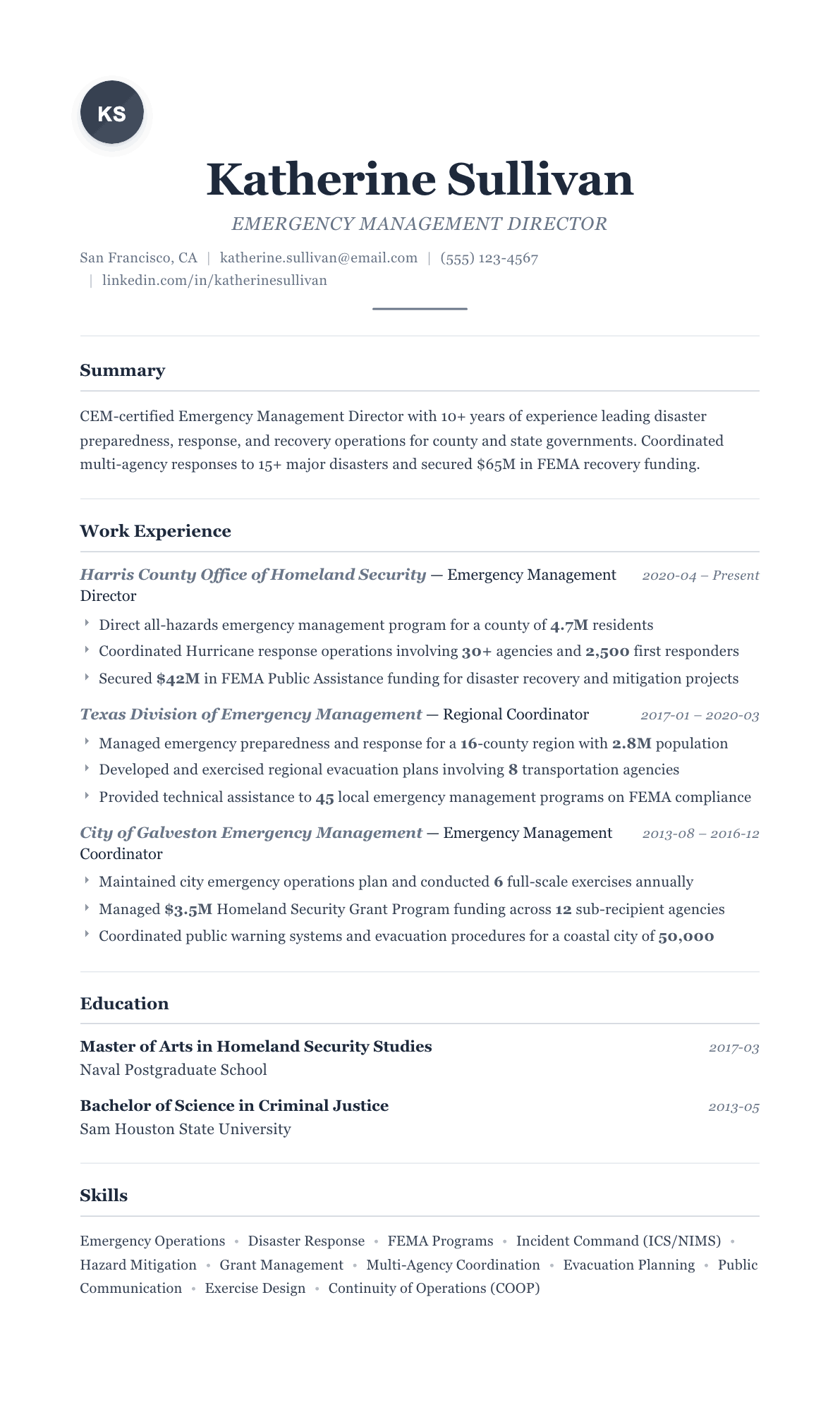 Emergency Management Director resume example, Classic template