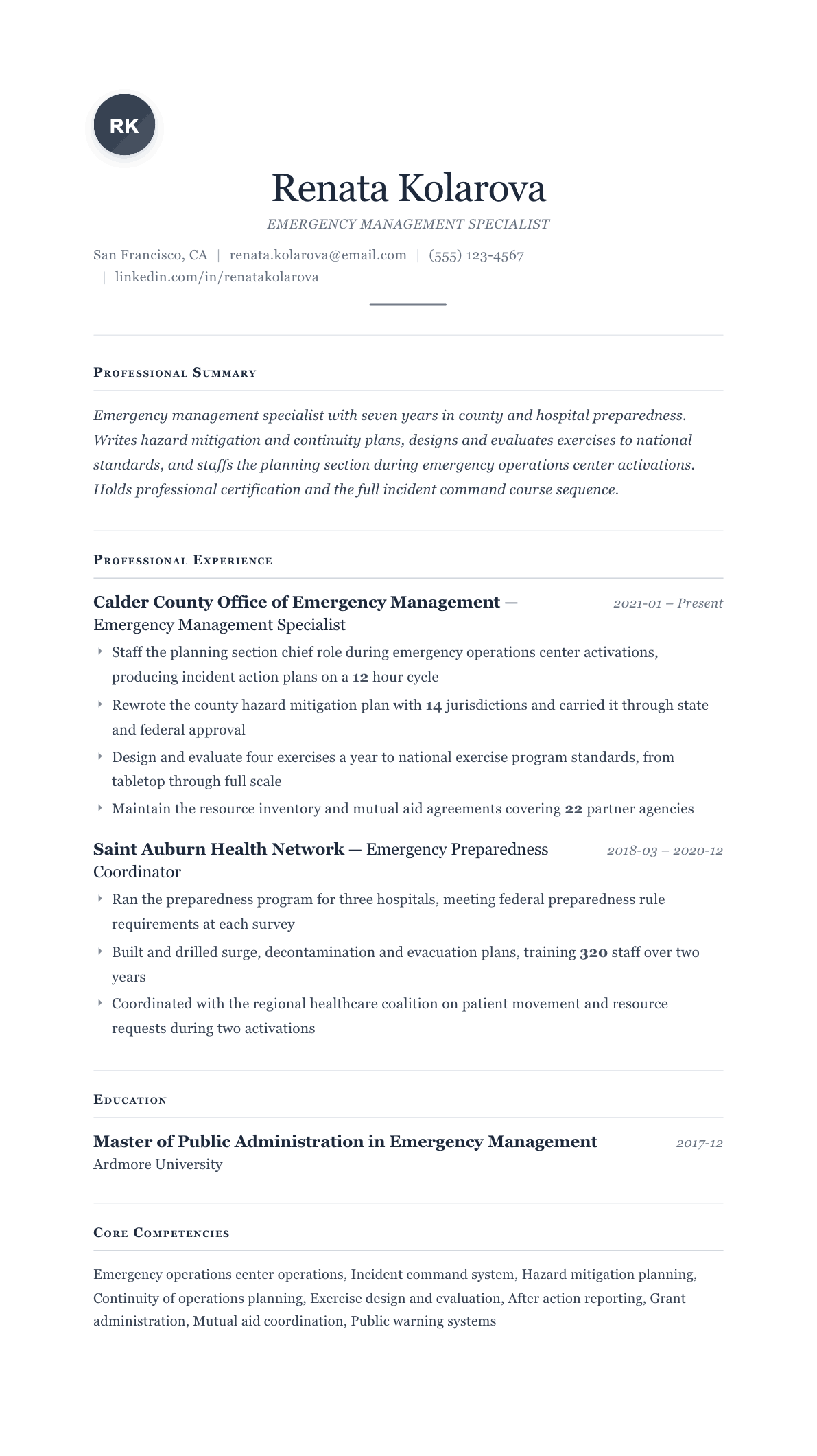 Emergency Management Specialist resume example, Cornerstone template