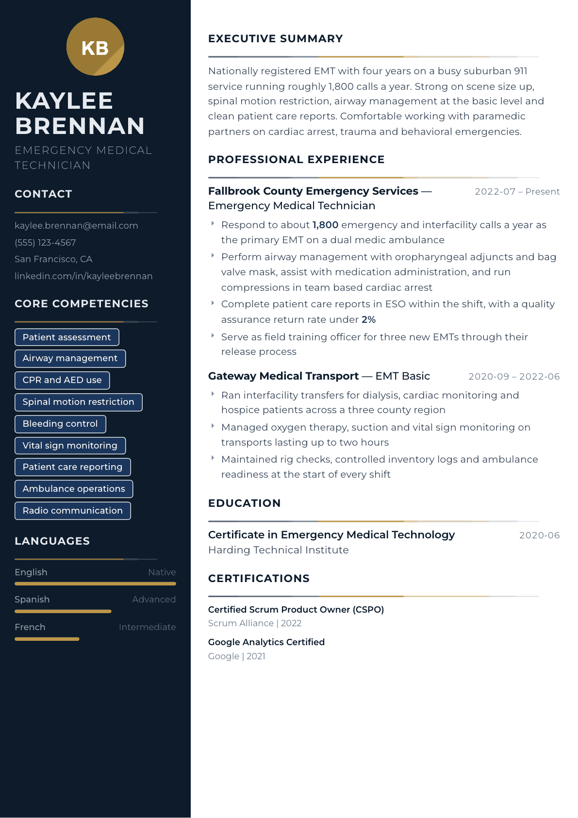 Emergency Medical Technician resume example, Catalyst template