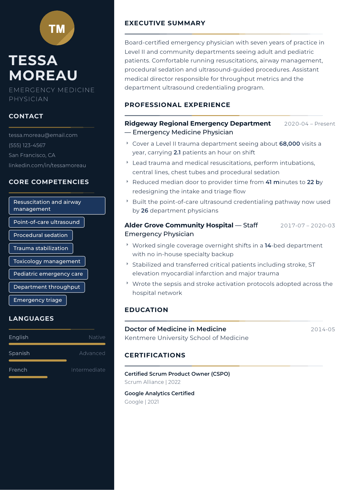 Emergency Medicine Physician resume example, Catalyst template