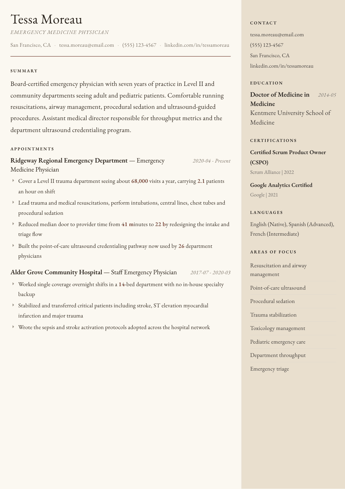 Emergency Medicine Physician resume example, Manuscript template
