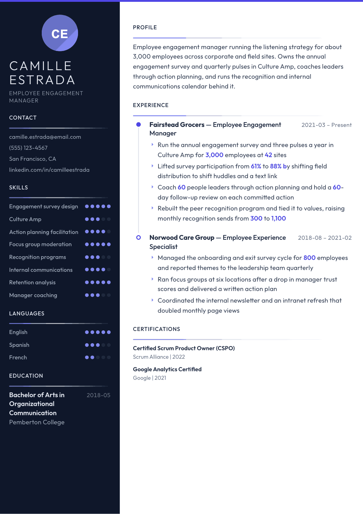 Employee Engagement Manager resume example, Zenith template