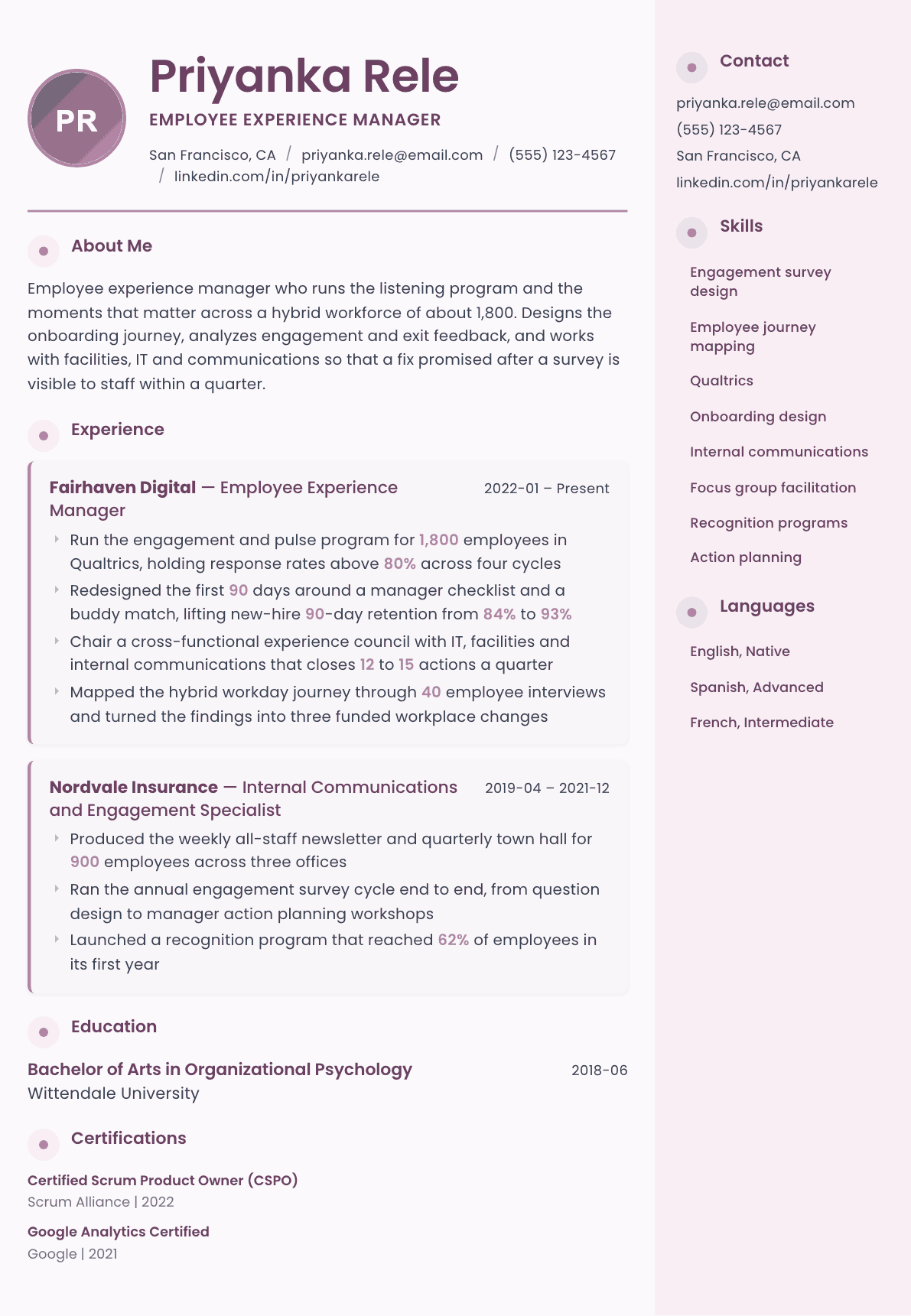 Employee Experience Manager resume example, Bloom template