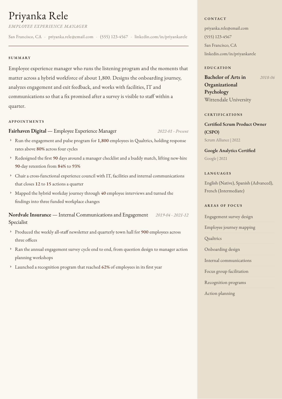 Employee Experience Manager resume example, Manuscript template