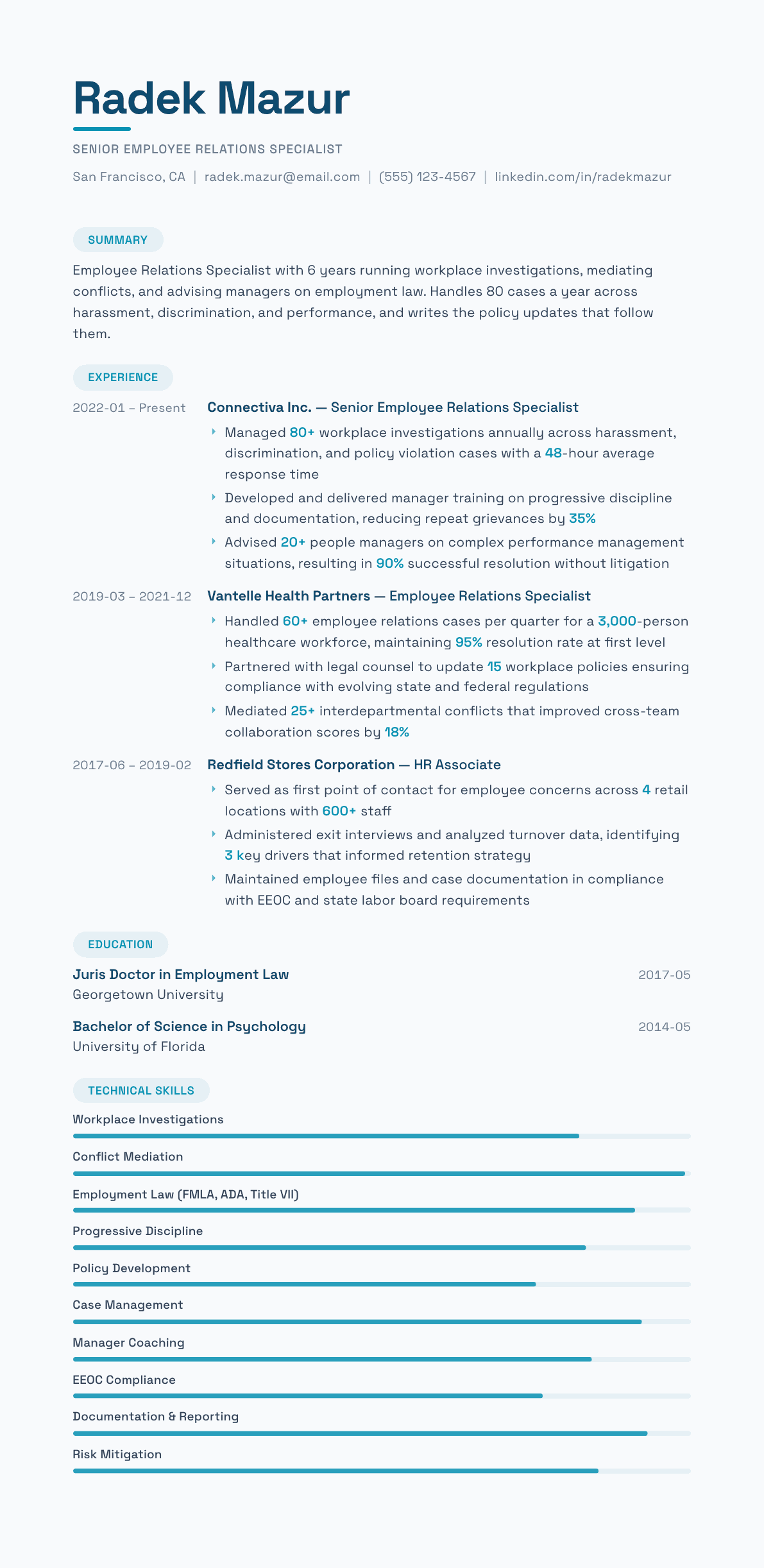 Employee Relations Specialist resume example, Horizon template