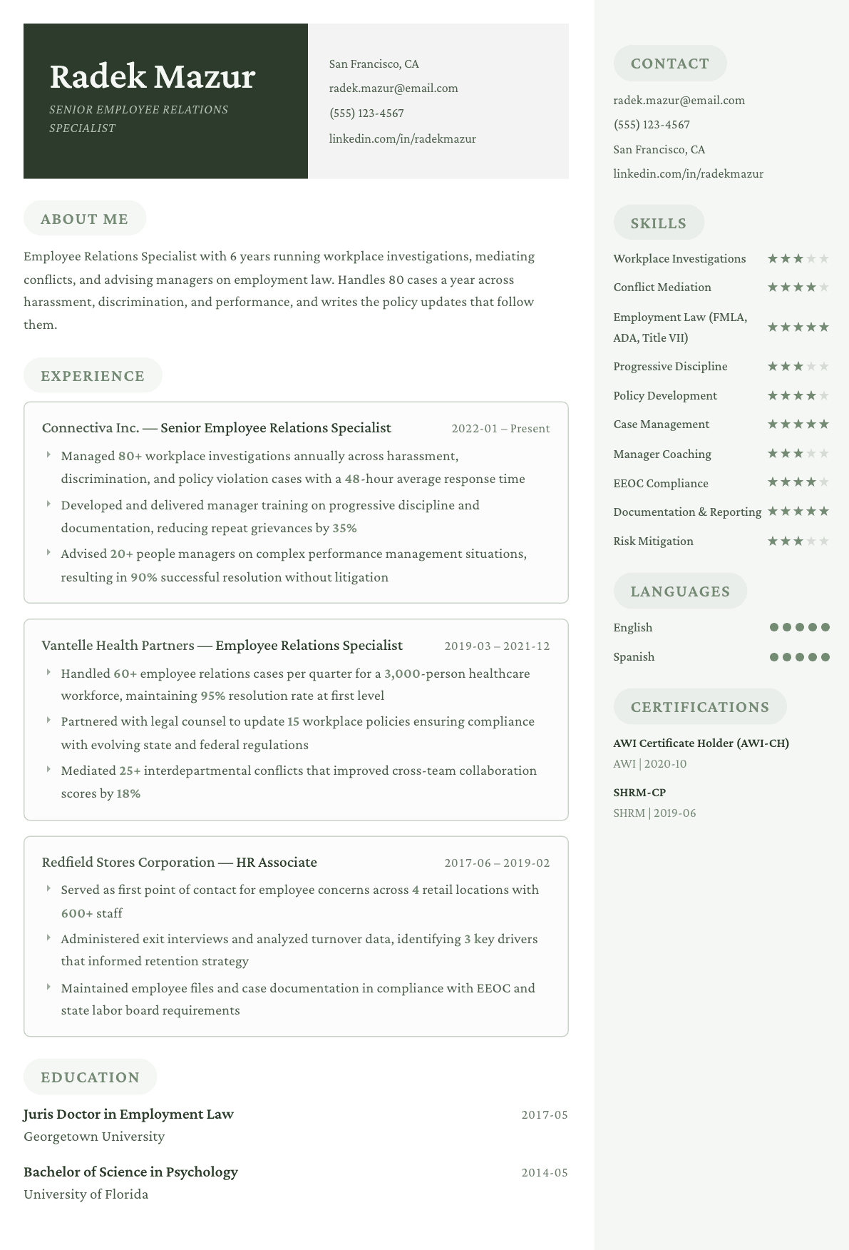 Employee Relations Specialist resume example, Mayfair template