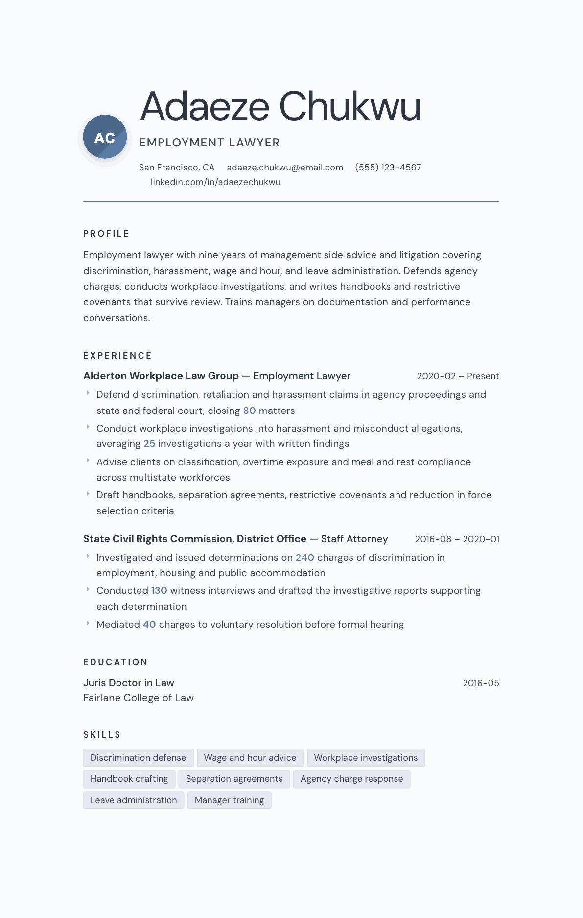 Employment Lawyer resume example, Nordic template