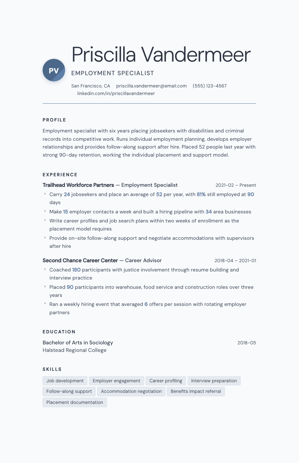 Employment Specialist resume example, Nordic template