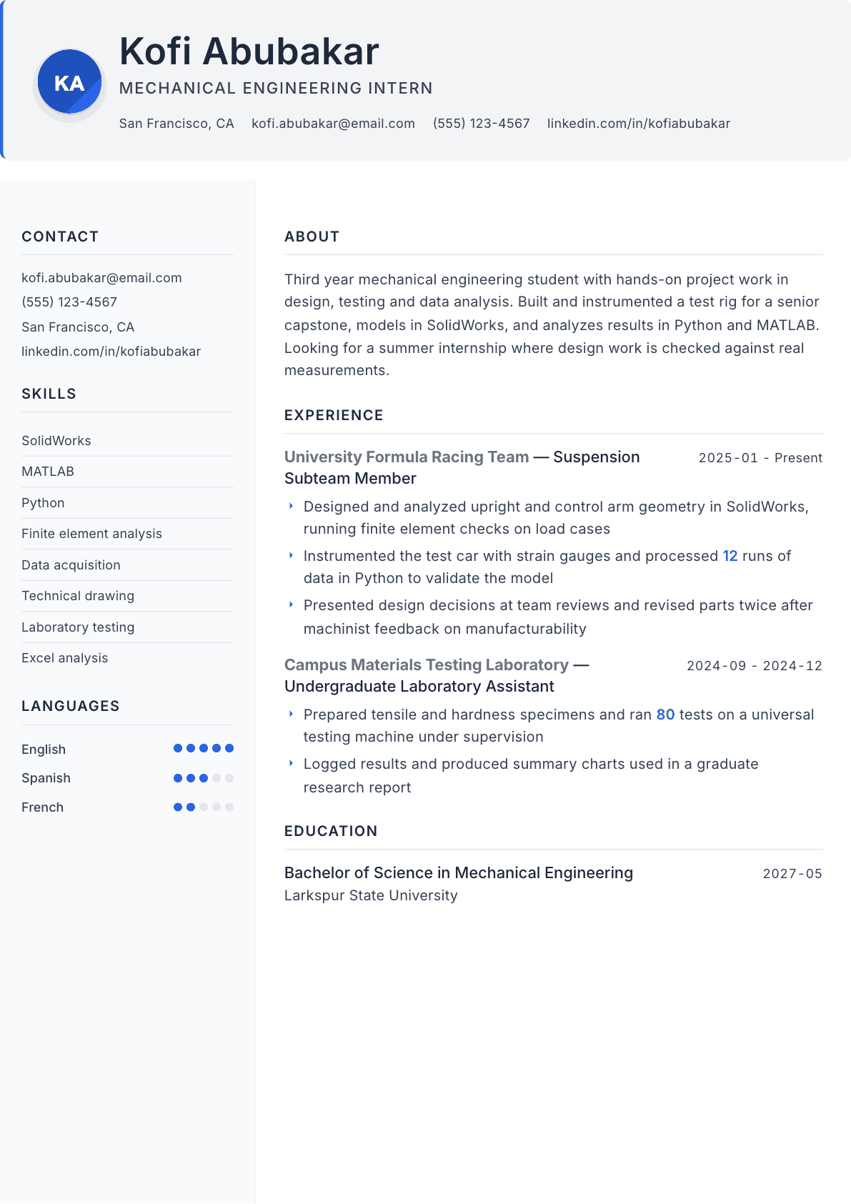 Engineering Intern resume example, Paper template