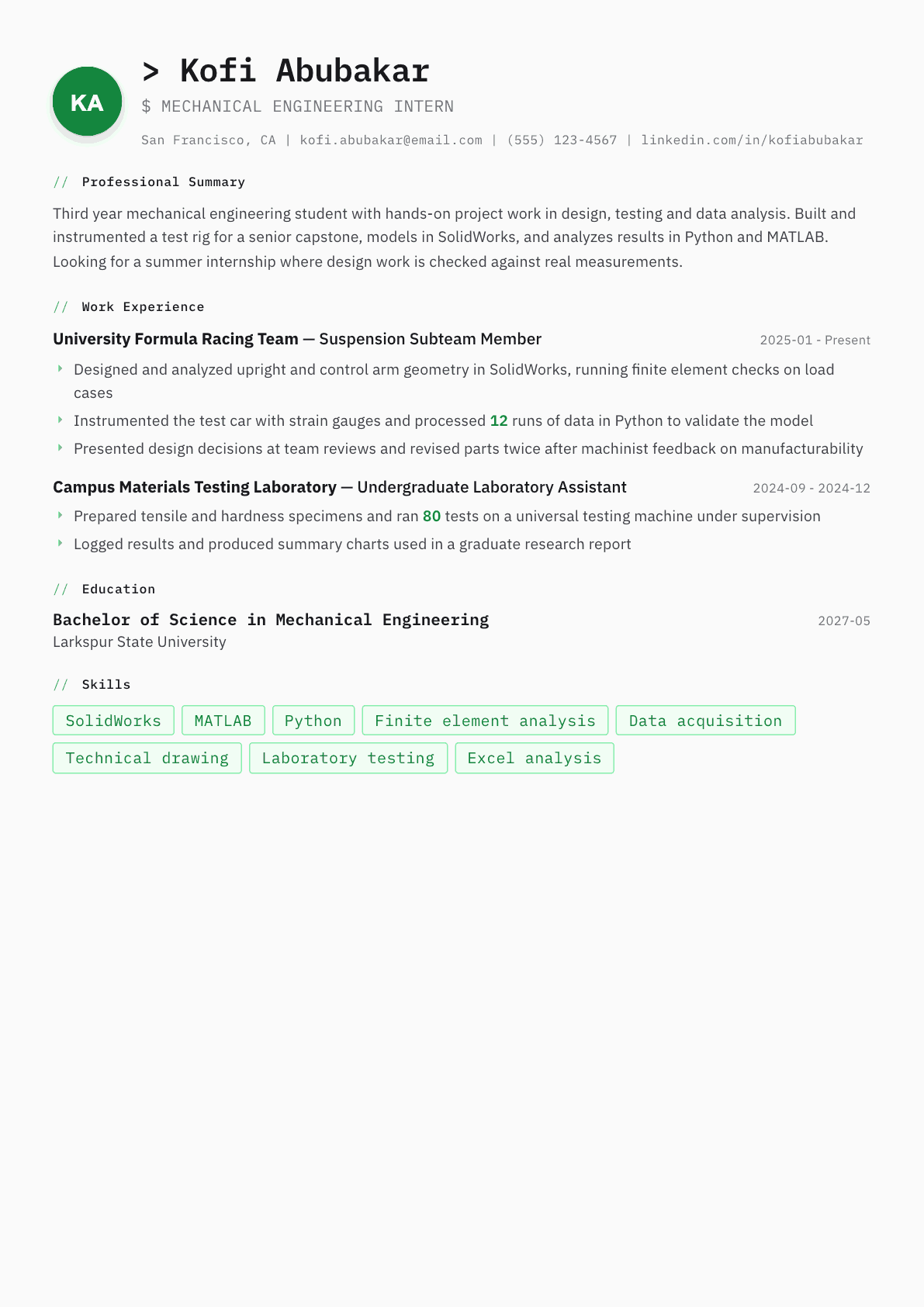 Engineering Intern resume example, Amsterdam template