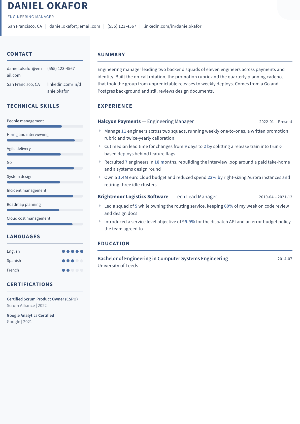 Engineering Manager resume example, Summit template