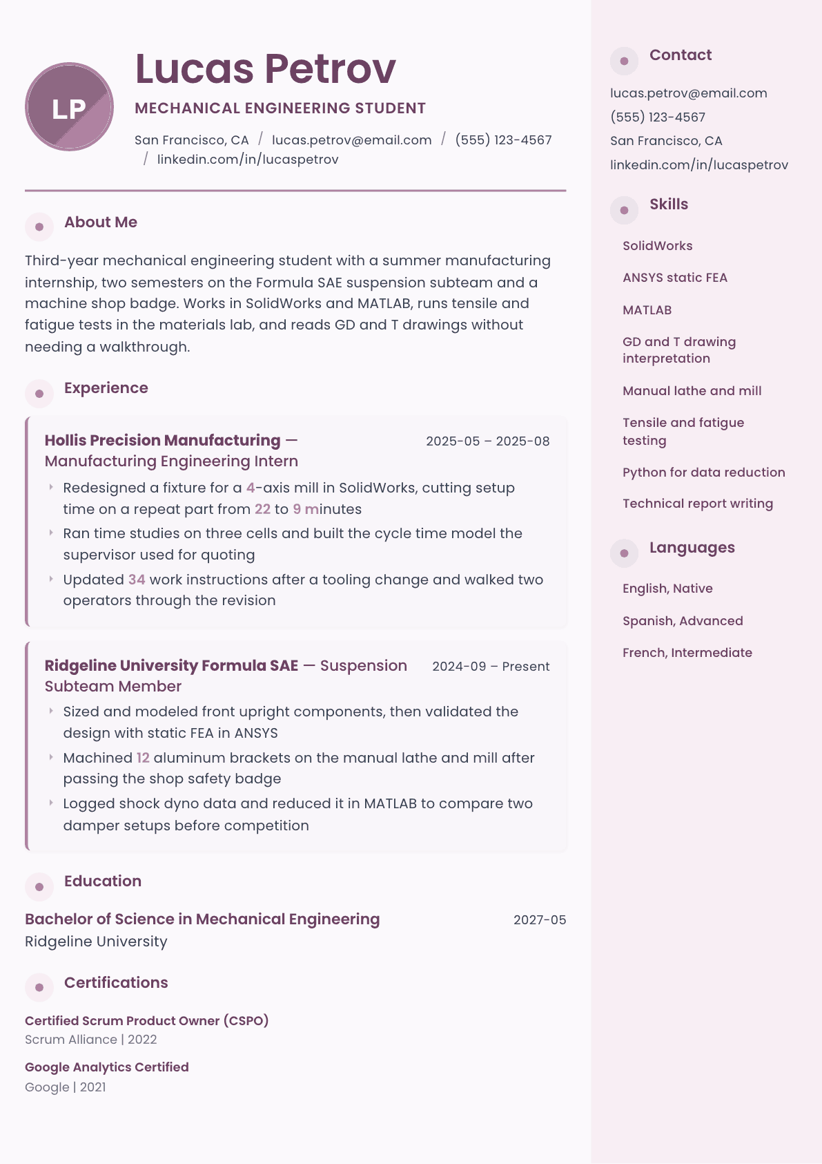 Engineering Student resume example, Bloom template