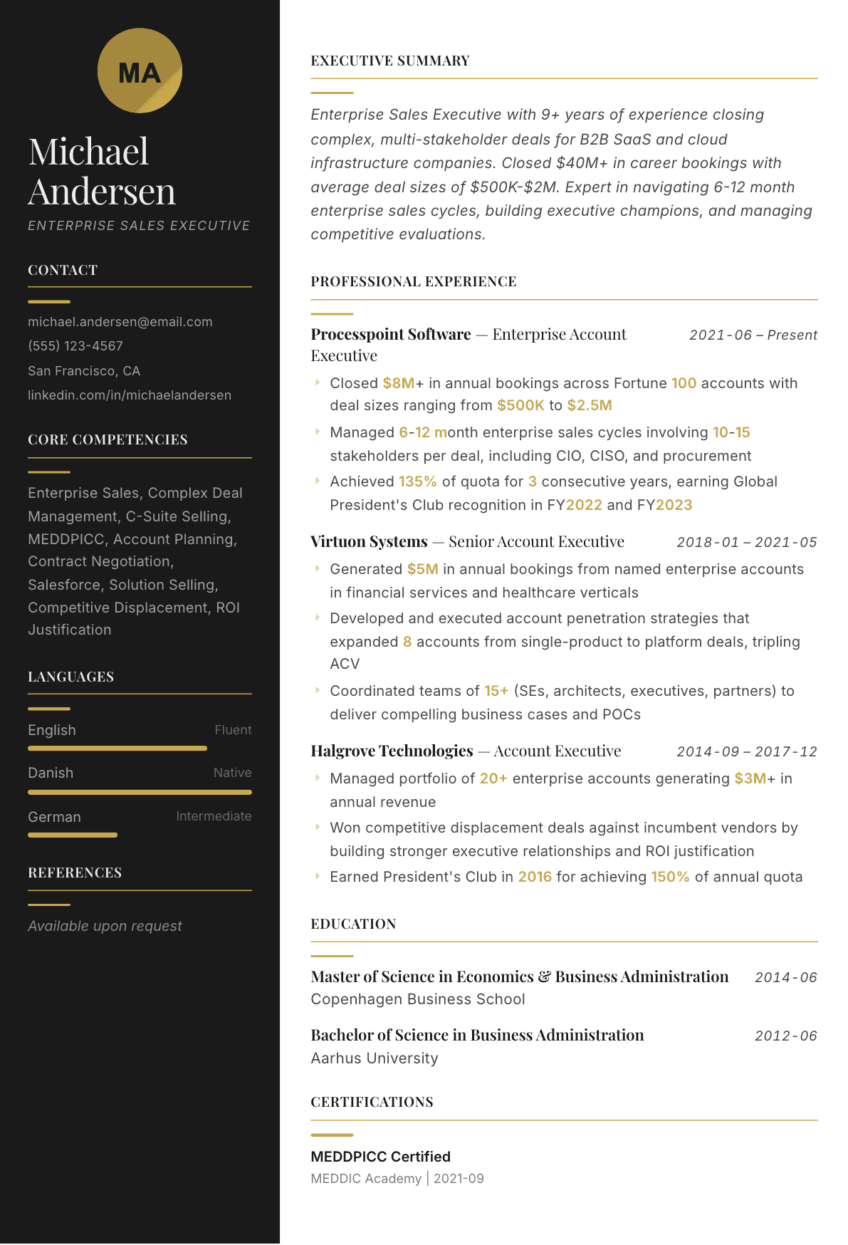 Enterprise Sales Executive resume example, Ink & Gold template