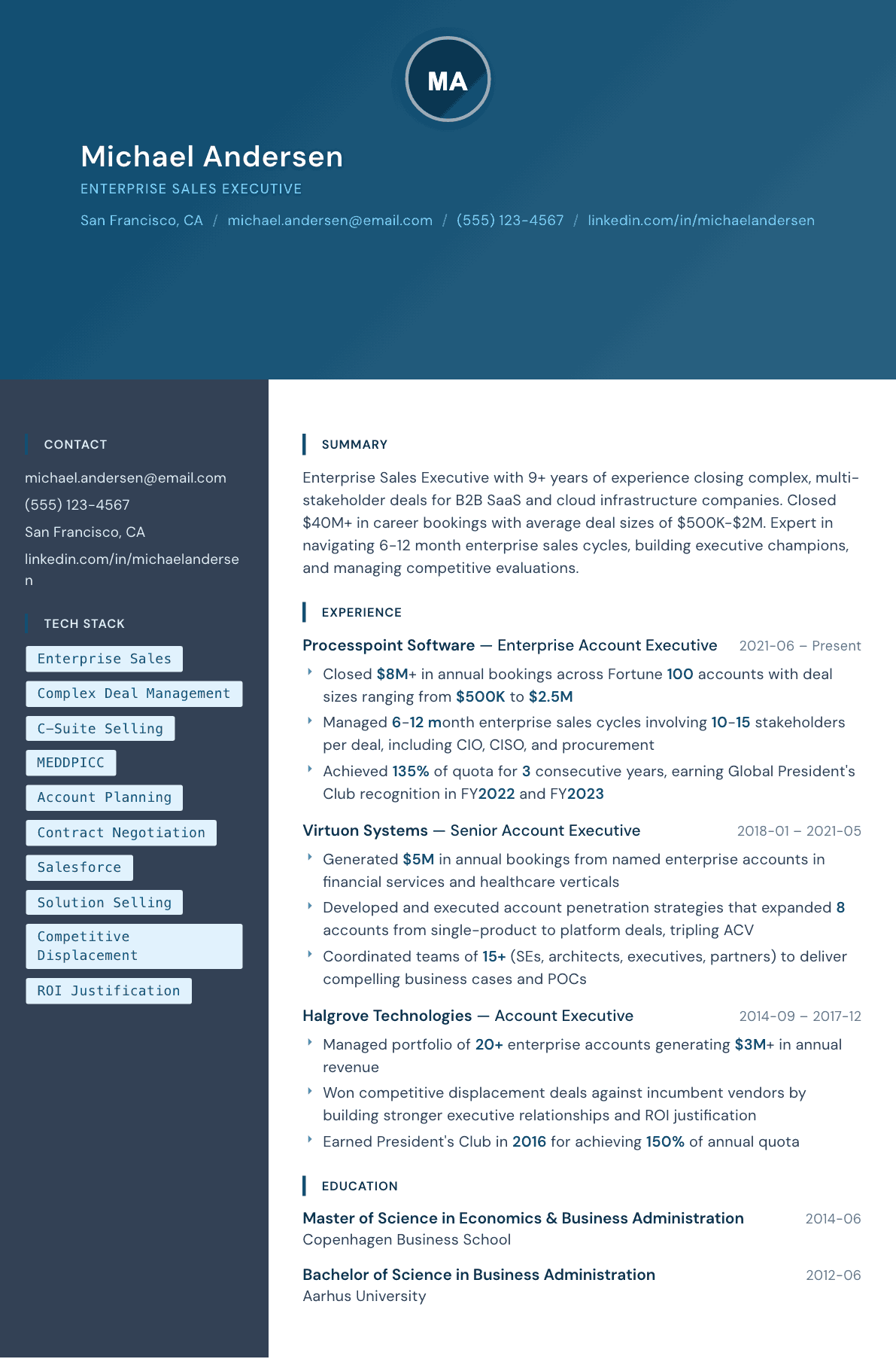 Enterprise Sales Executive resume example, Prism template