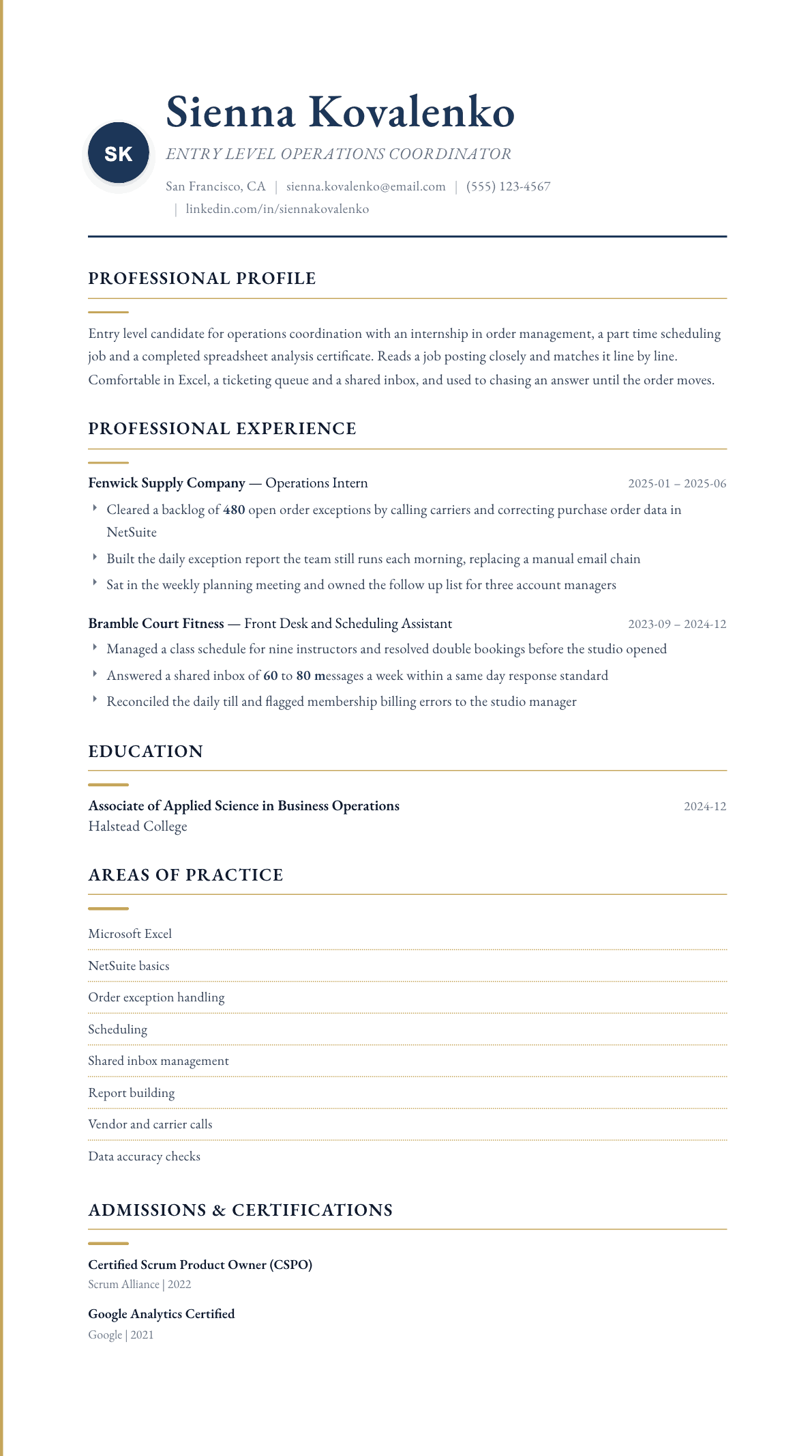 Entry Level resume example, Folio template