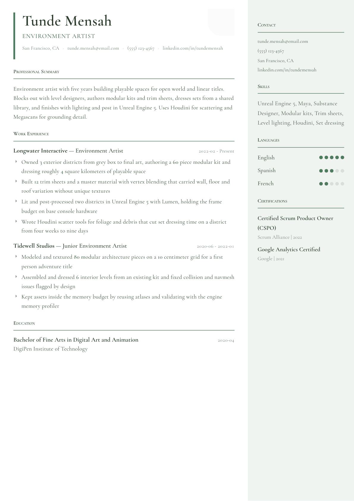 Environment Artist resume example, Copenhagen template