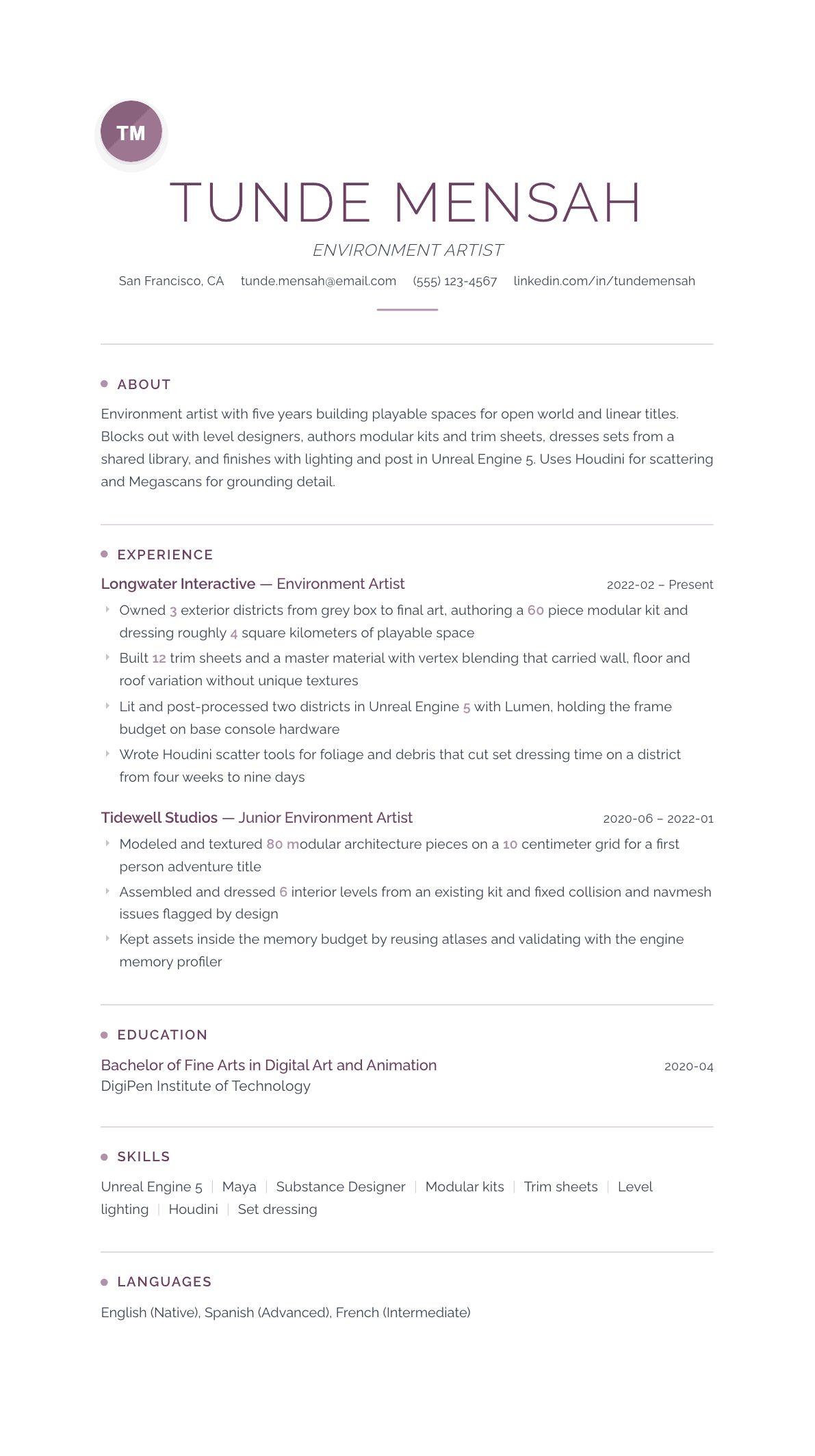 Environment Artist resume example, Serenity template