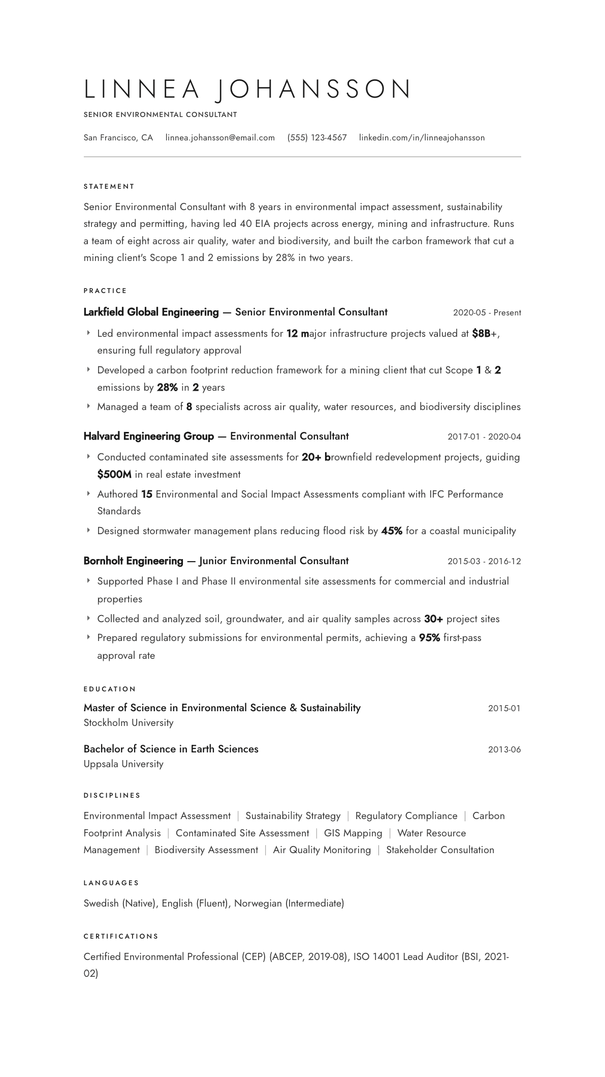 Environmental Consultant resume example, Atelier template