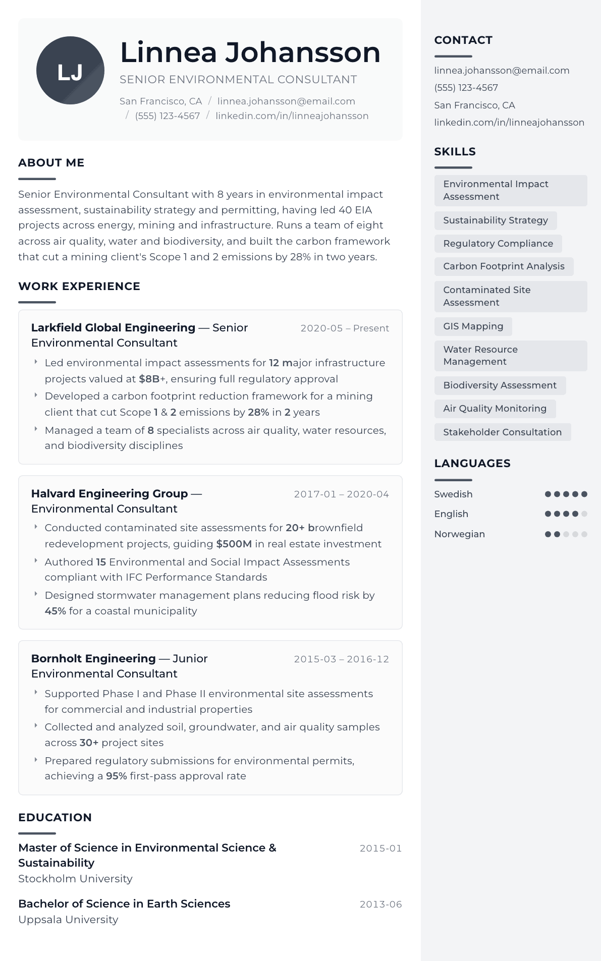 Environmental Consultant resume example, Metropolitan template