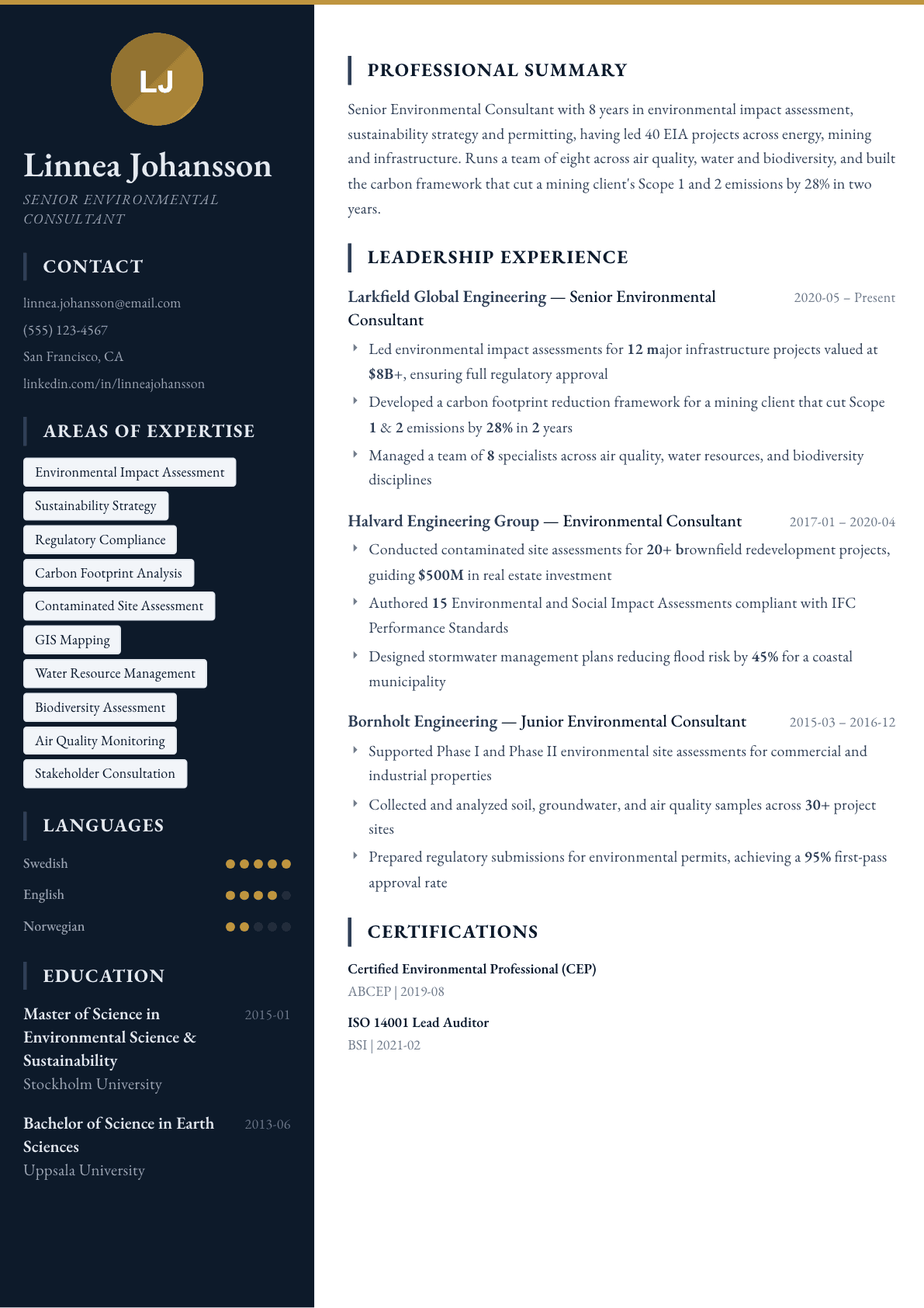 Environmental Consultant resume example, Presidio template