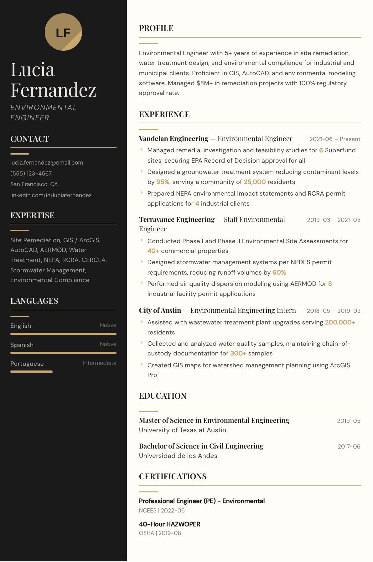 Environmental Engineer resume example, Obsidian template