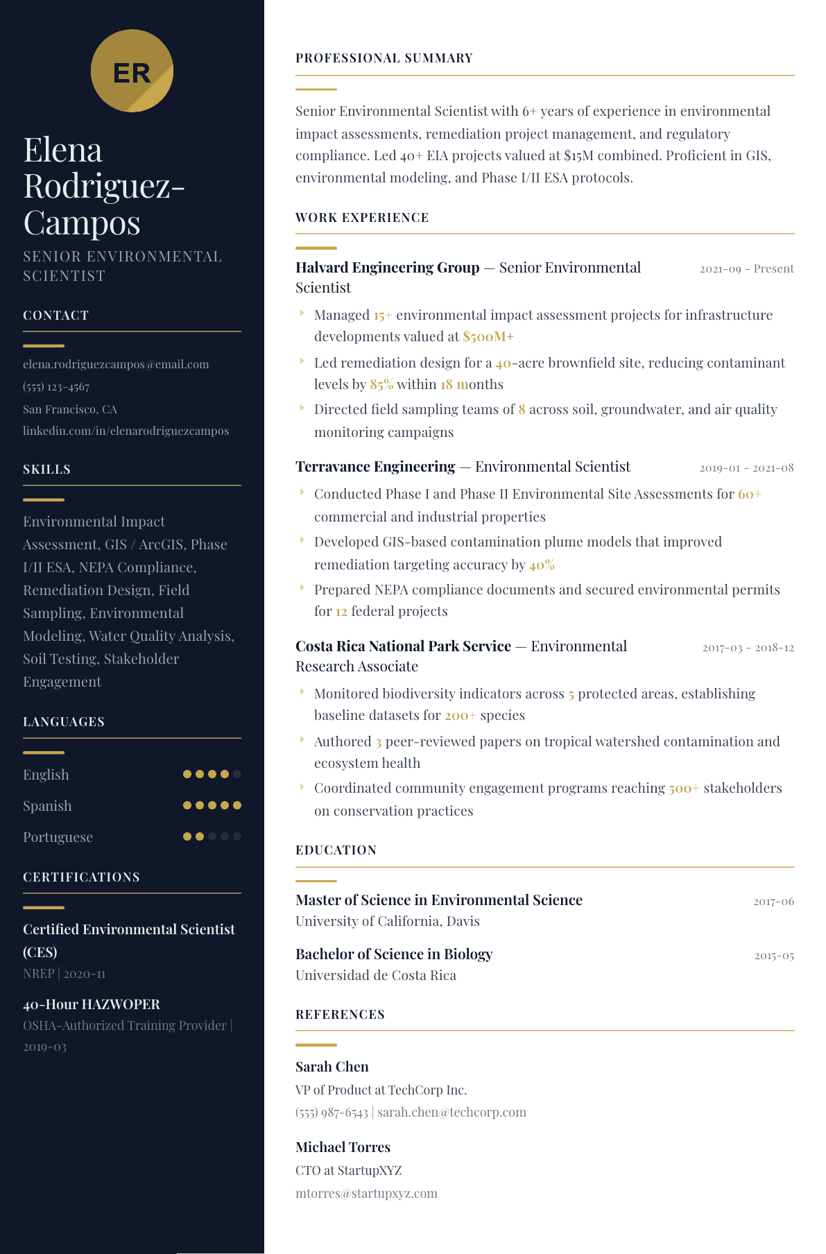 Environmental Scientist resume example, Zurich template