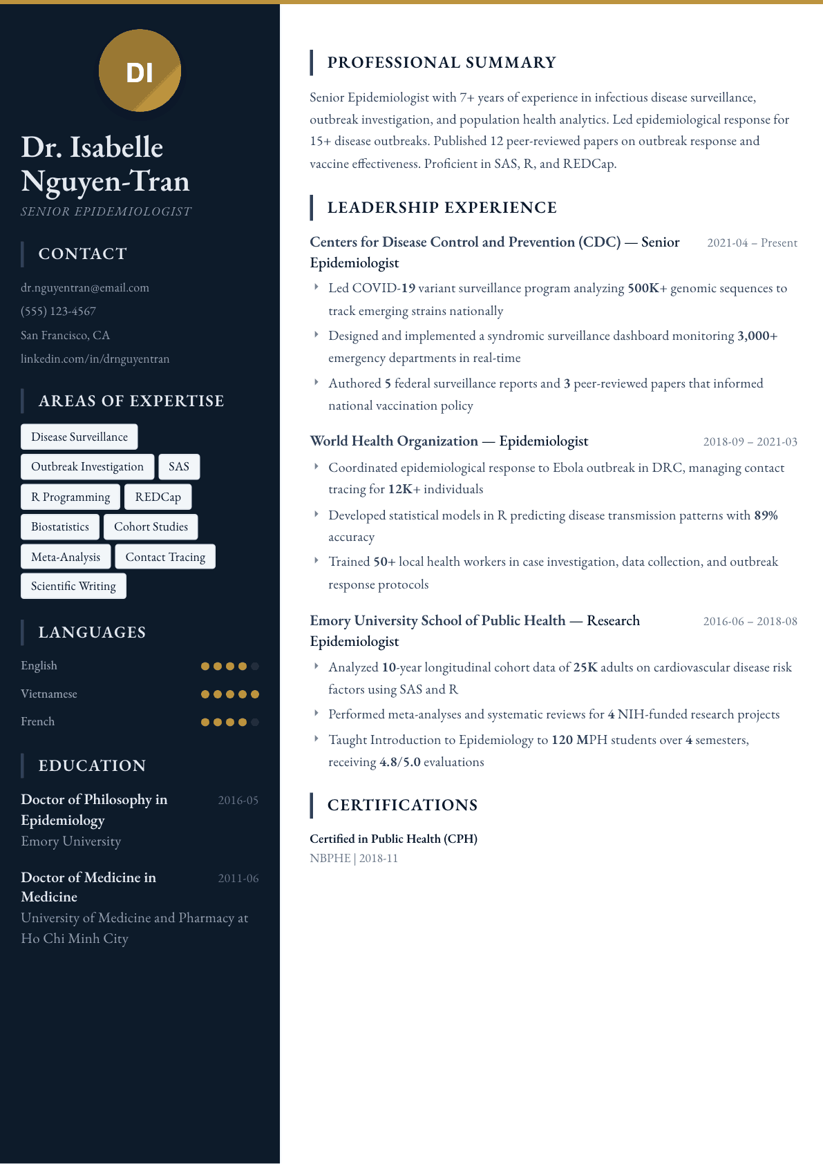 Epidemiologist resume example, Presidio template