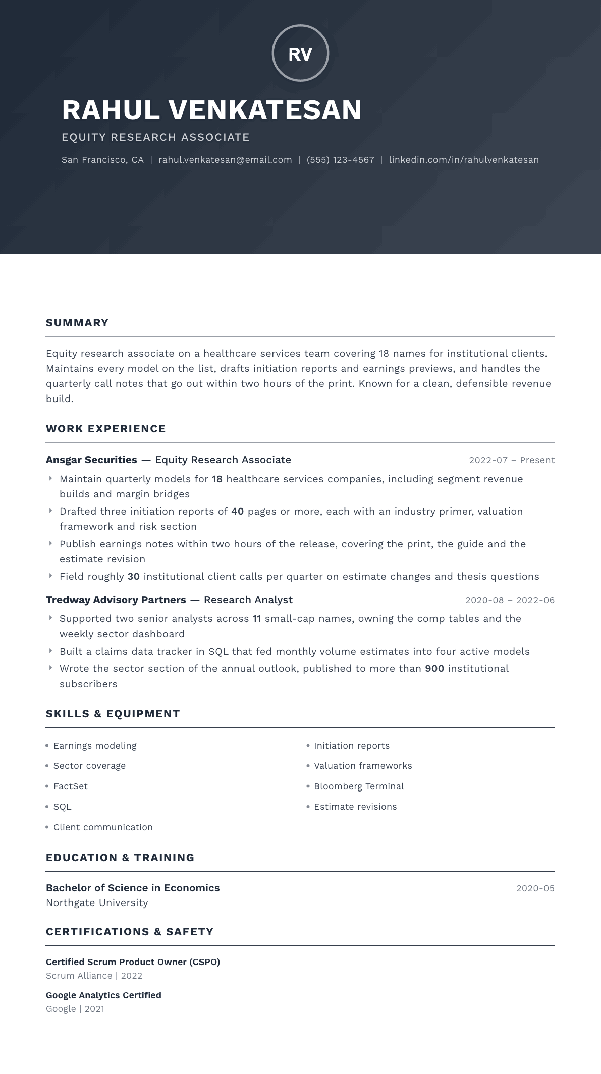 Equity Research Analyst resume example, Foundation template