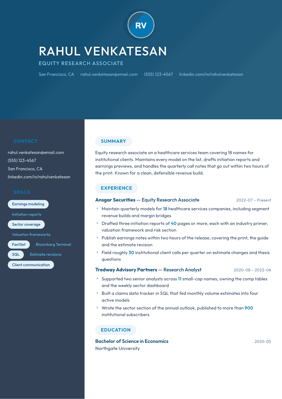 Equity Research Analyst resume example, Nexus template