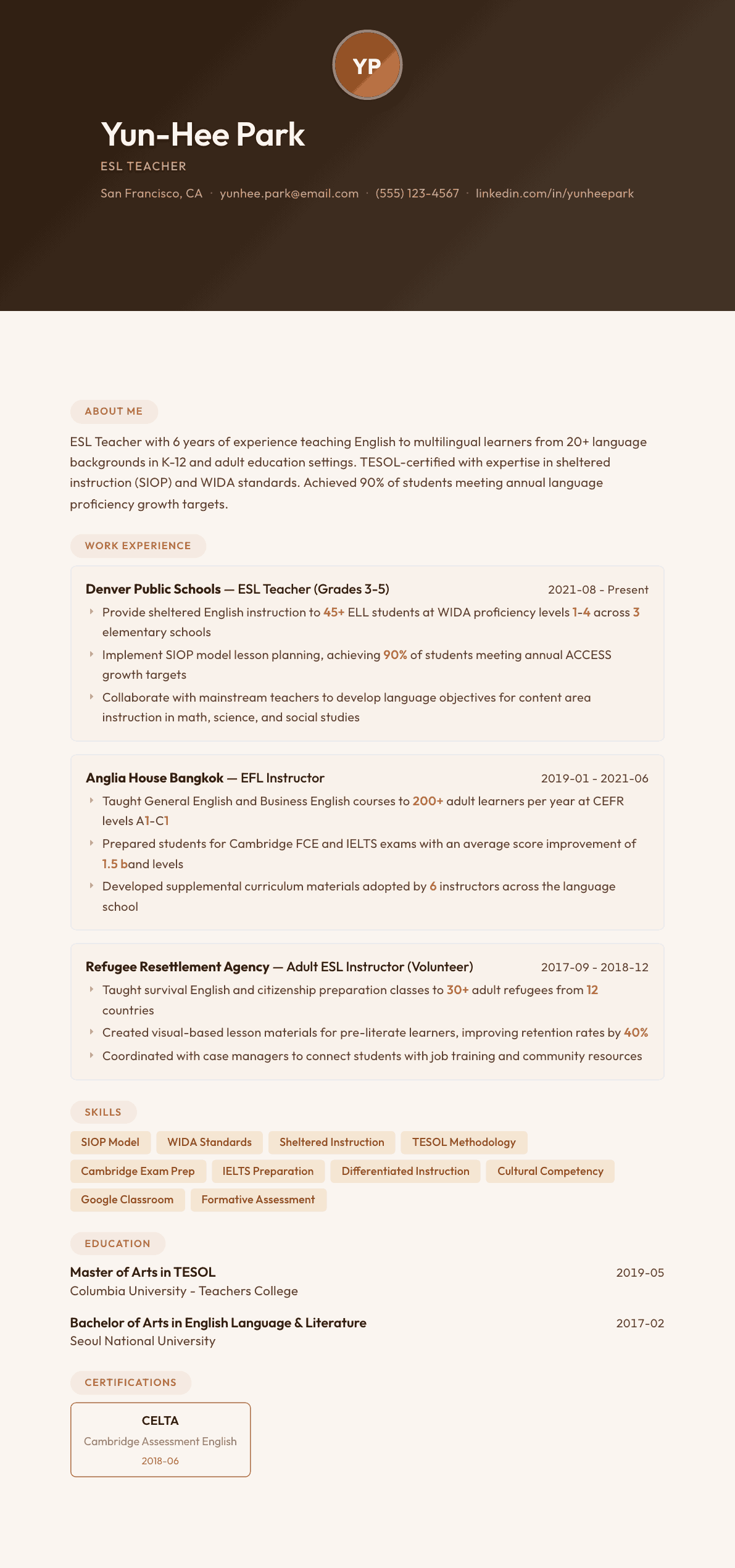 ESL Teacher resume example, Terracotta Studio template