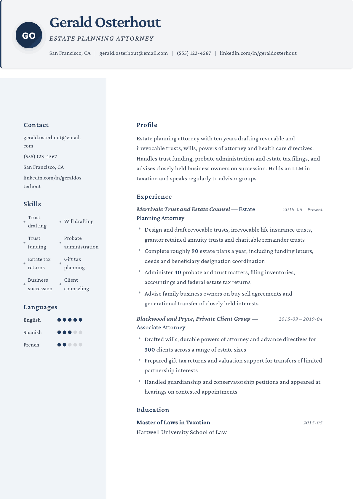 Estate Planning Attorney resume example, Formal template