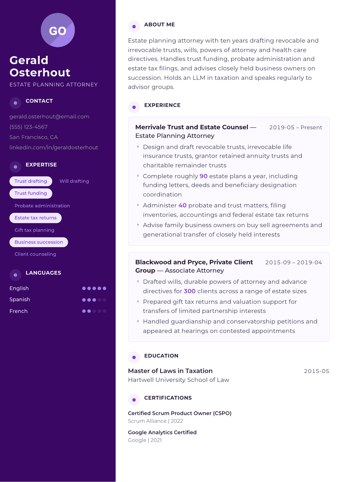 Estate Planning Attorney resume example, Palette template