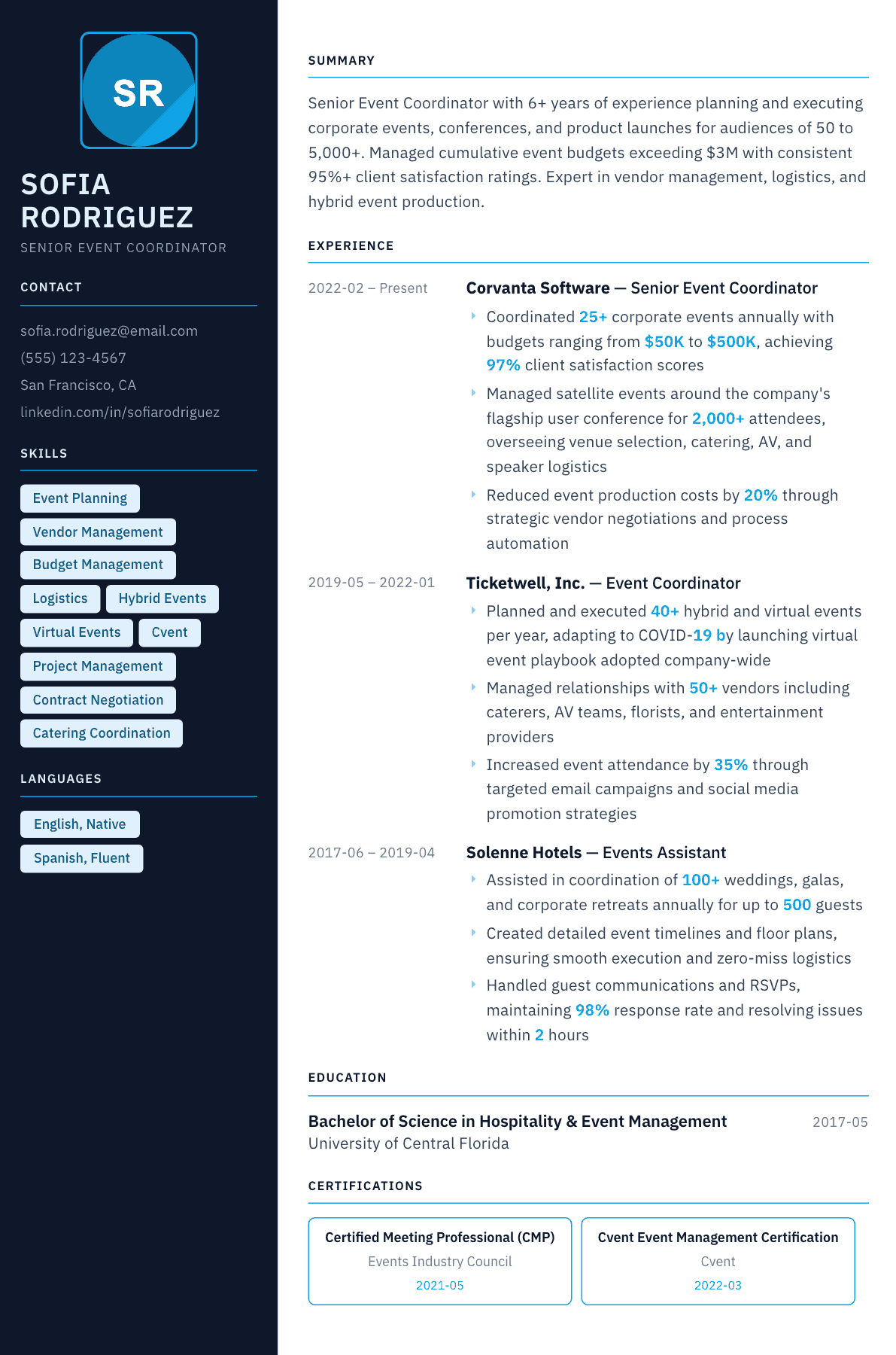 Event Coordinator resume example, Everest template