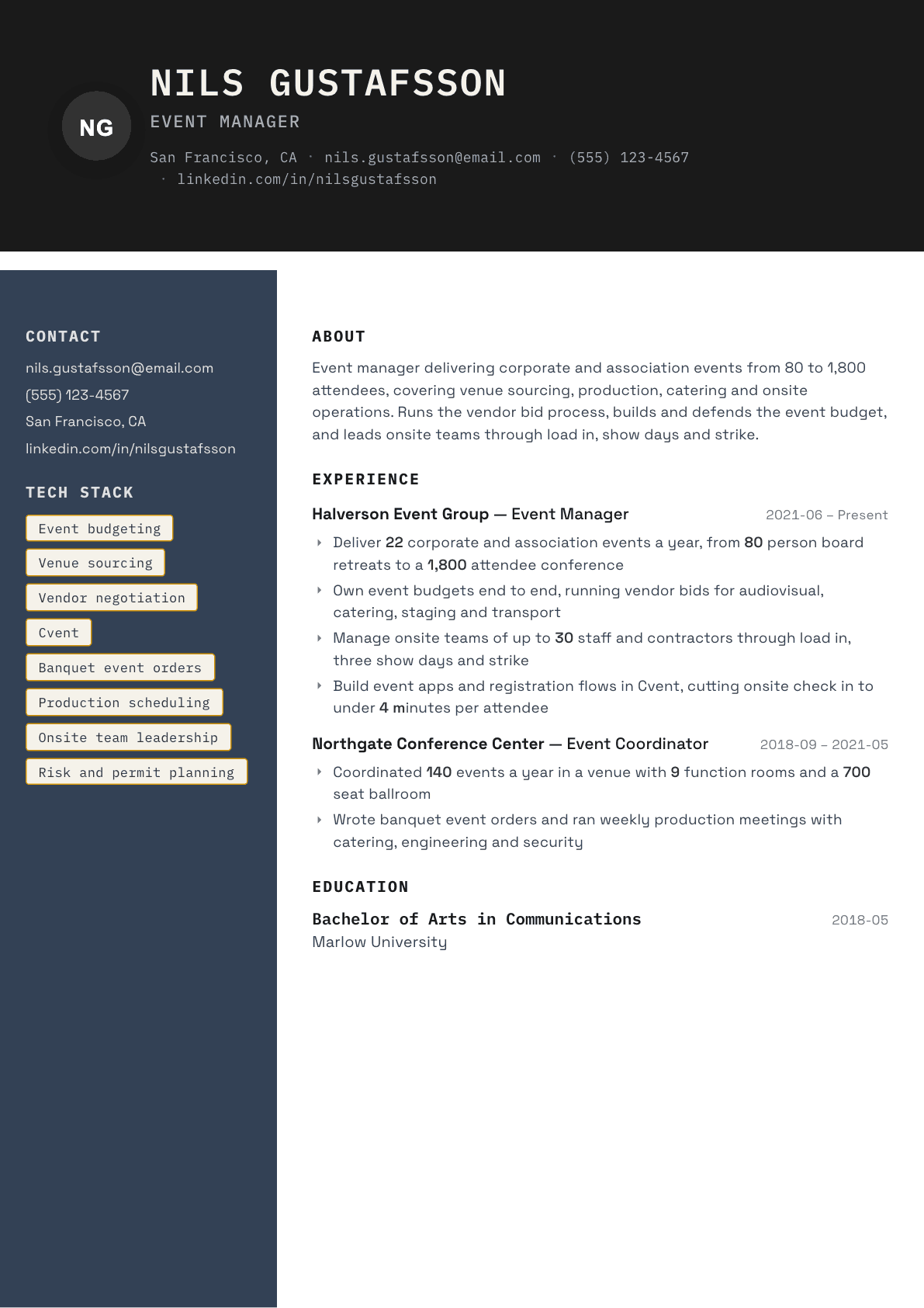 Event Manager resume example, Codebase template