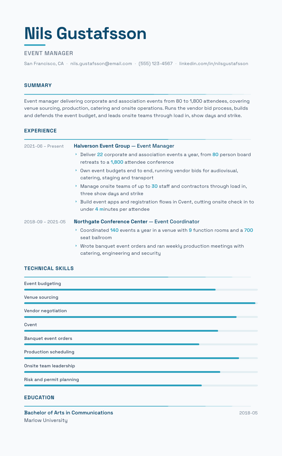 Event Manager resume example, Velocity template