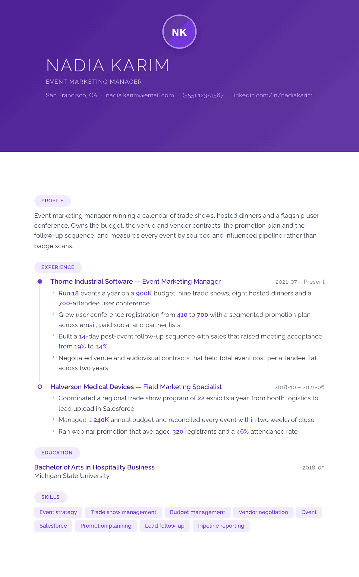Event Marketing Manager resume example, Canvas template