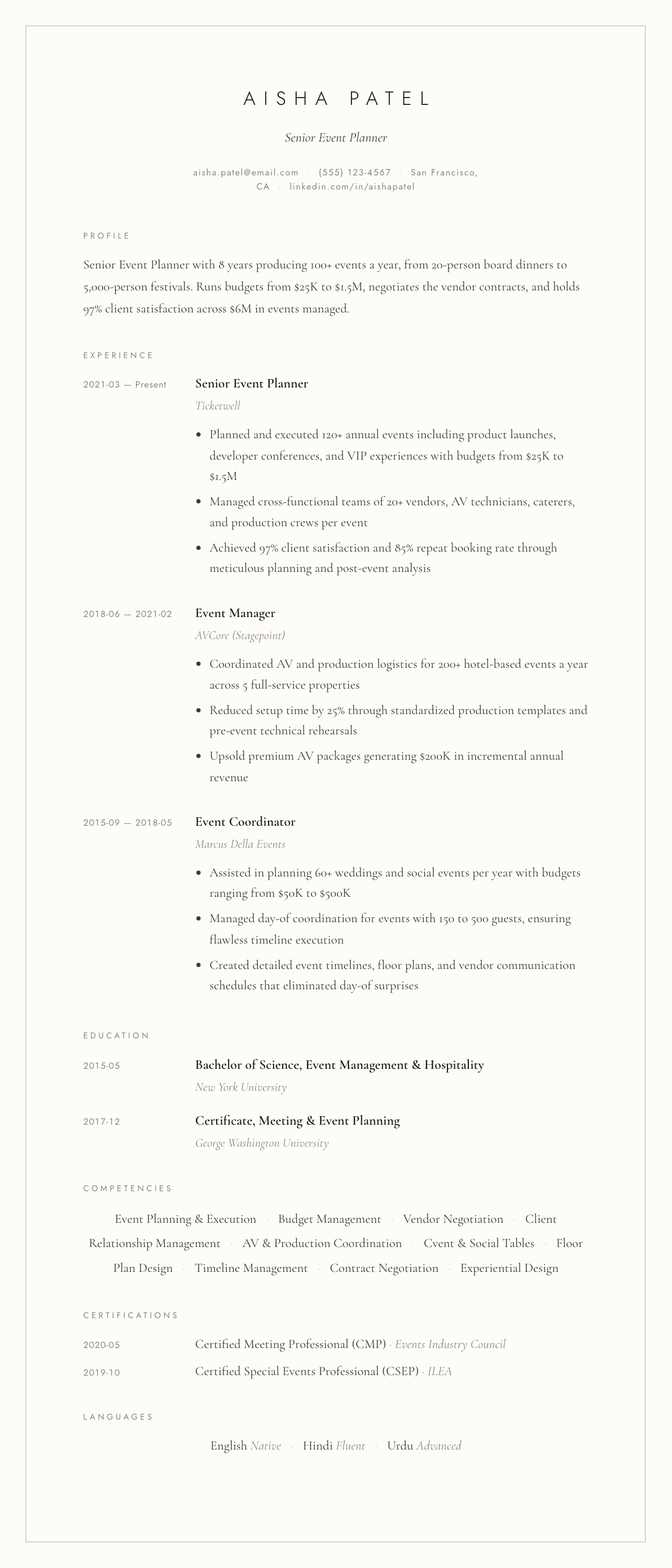 Event Planner resume example, Vellum template