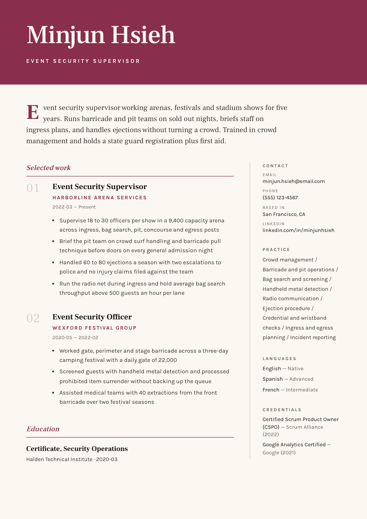 Event Security resume example, Pressroom template