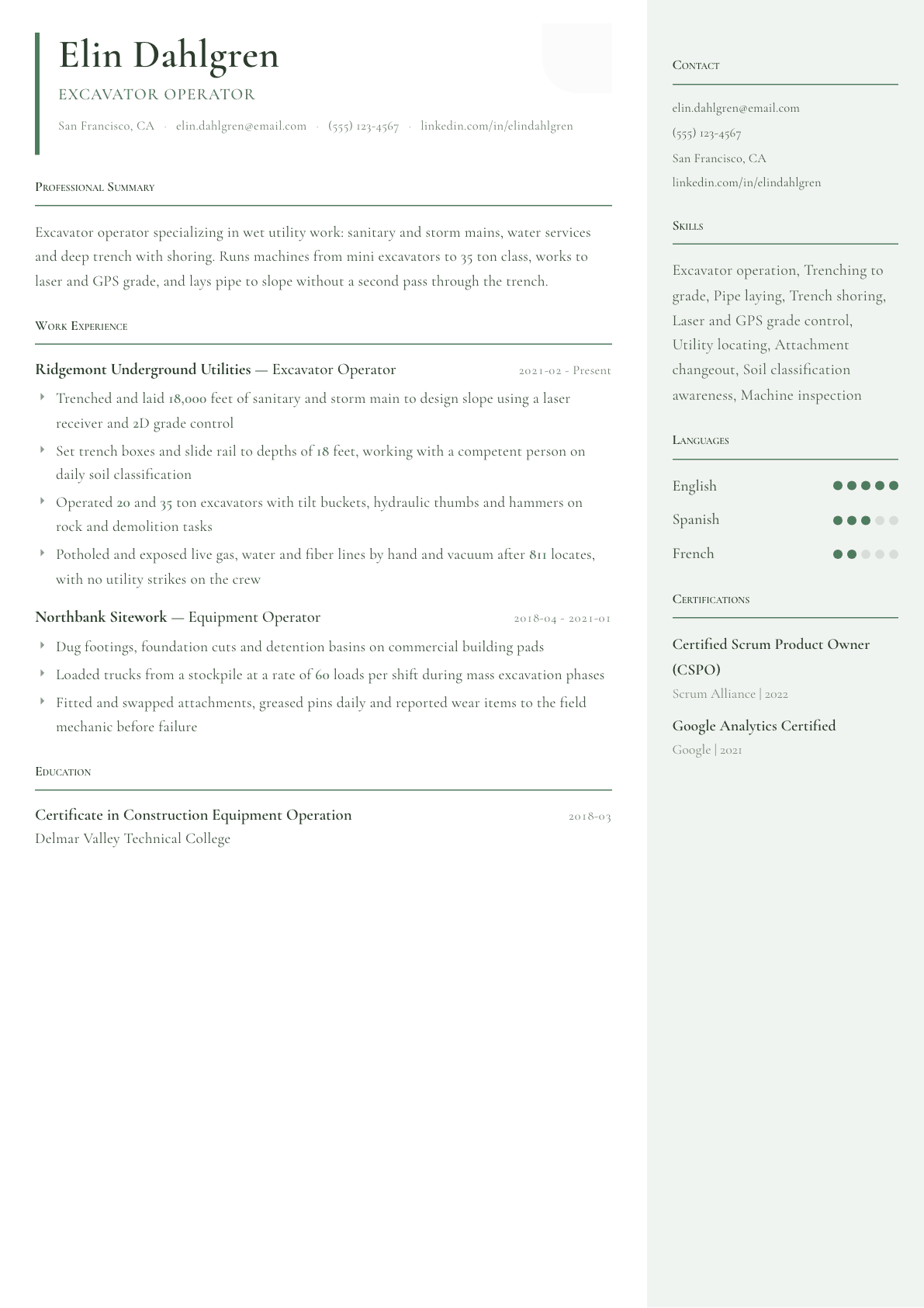 Excavator Operator resume example, Copenhagen template