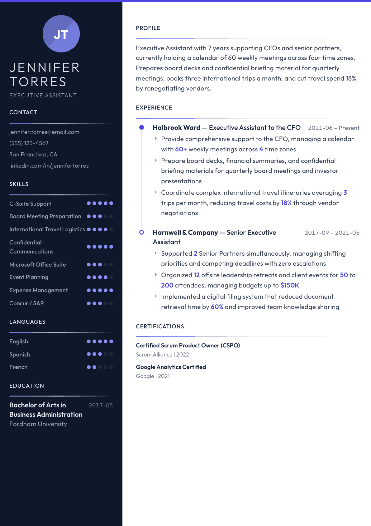 Executive Assistant resume example, Zenith template