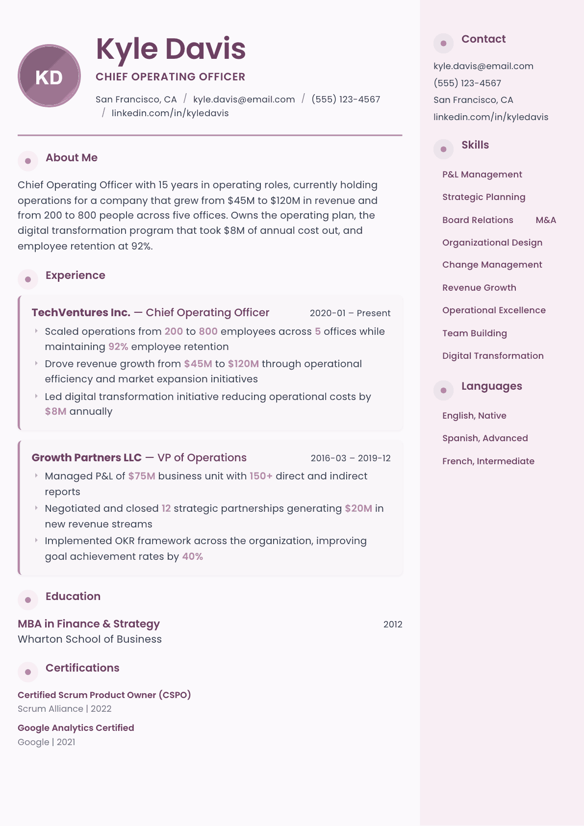 Executive resume example, Bloom template