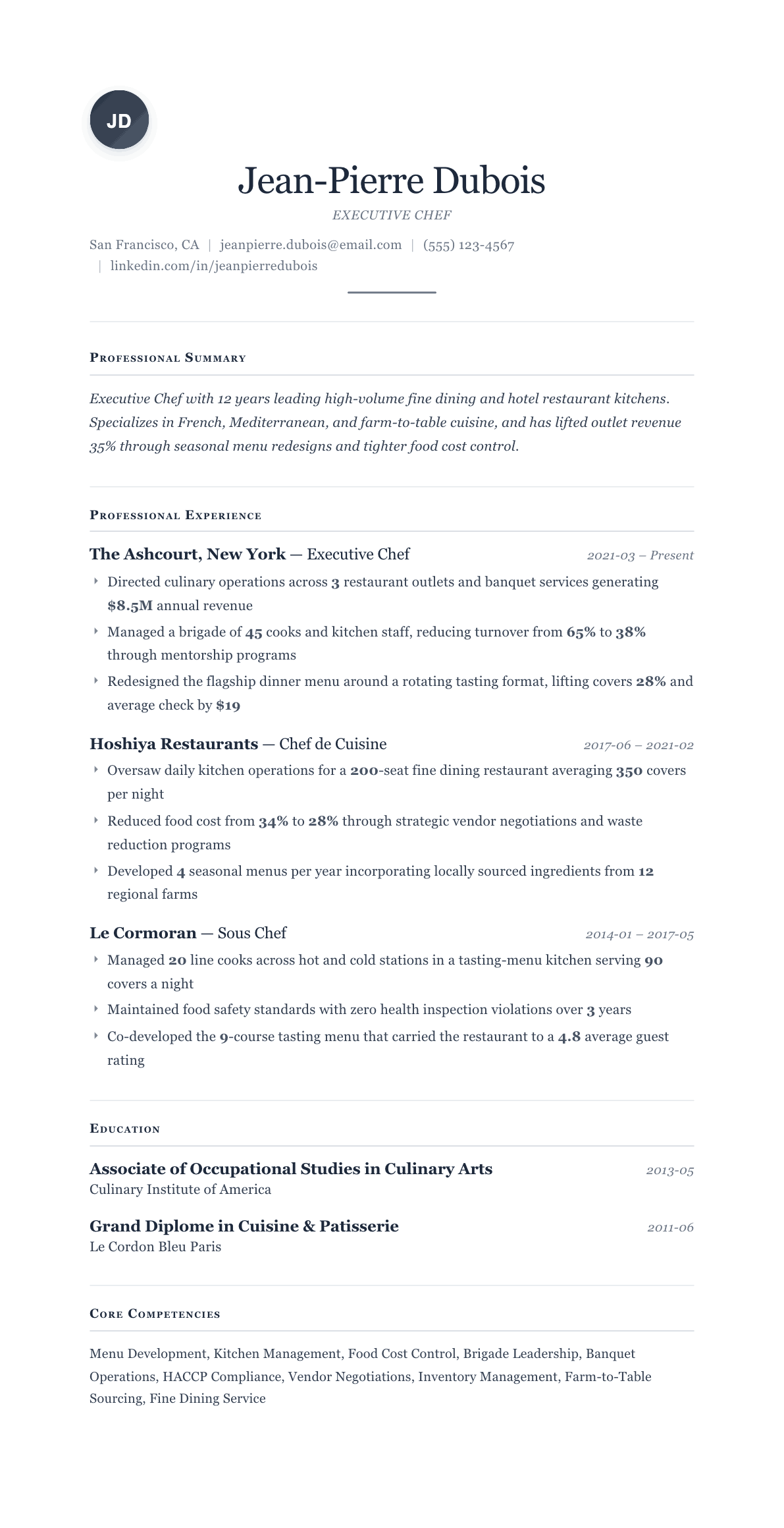 Executive Chef resume example, Cornerstone template