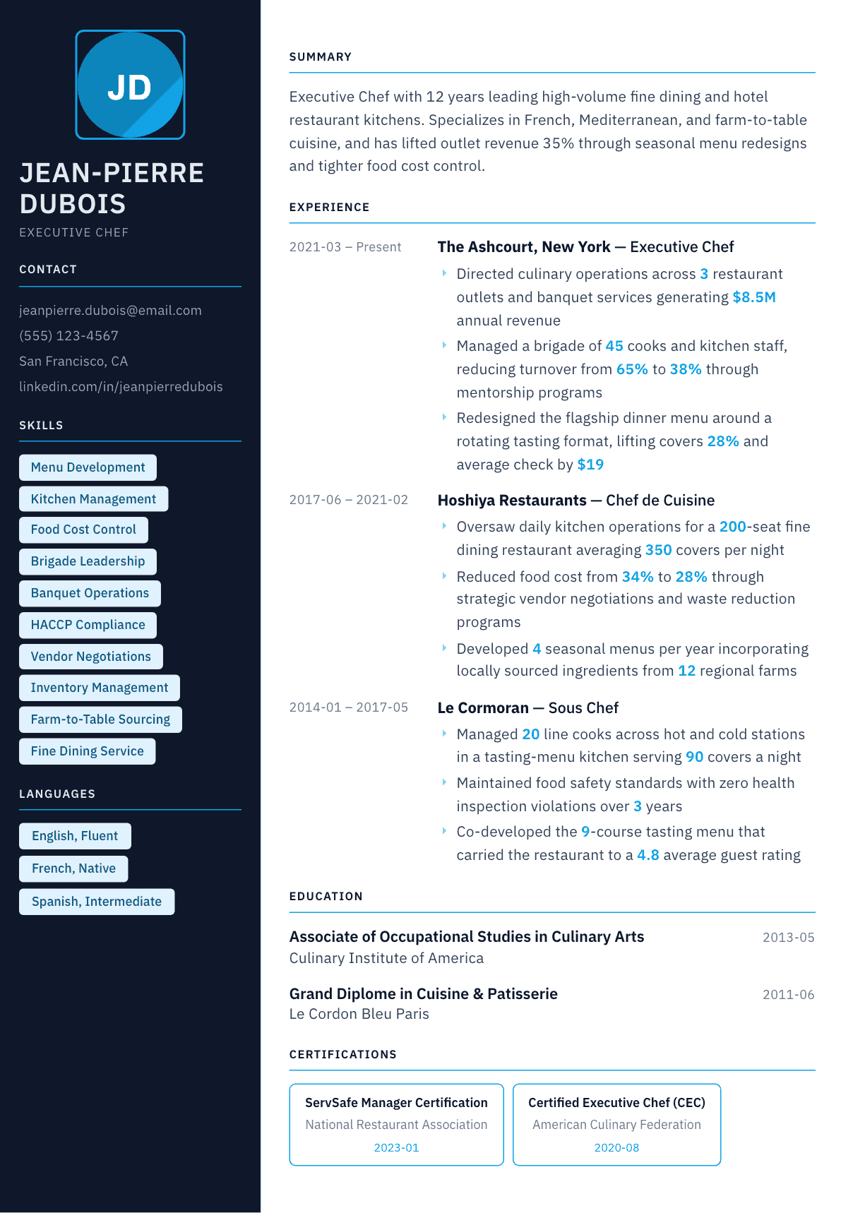 Executive Chef resume example, Everest template