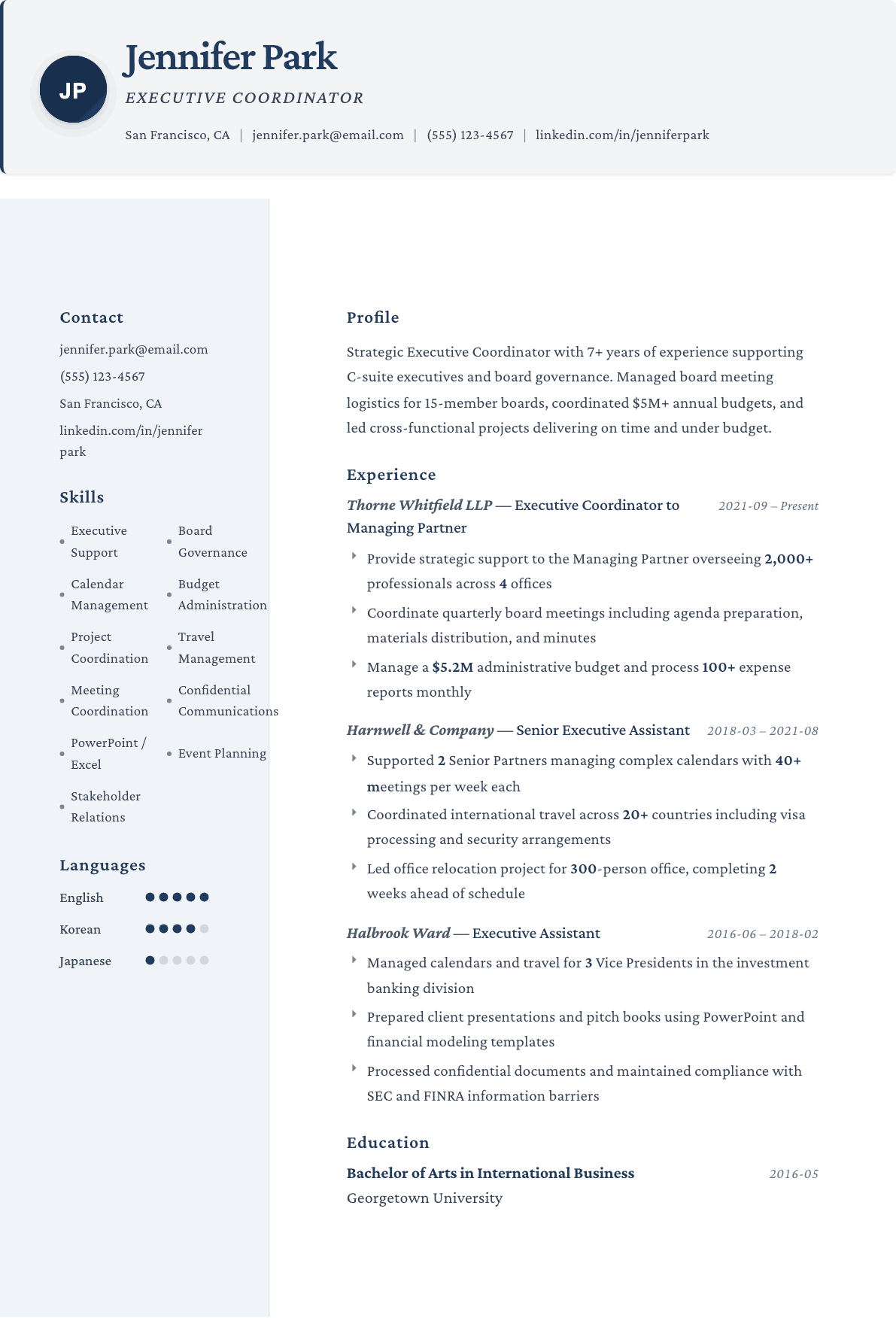 Executive Coordinator resume example, Formal template