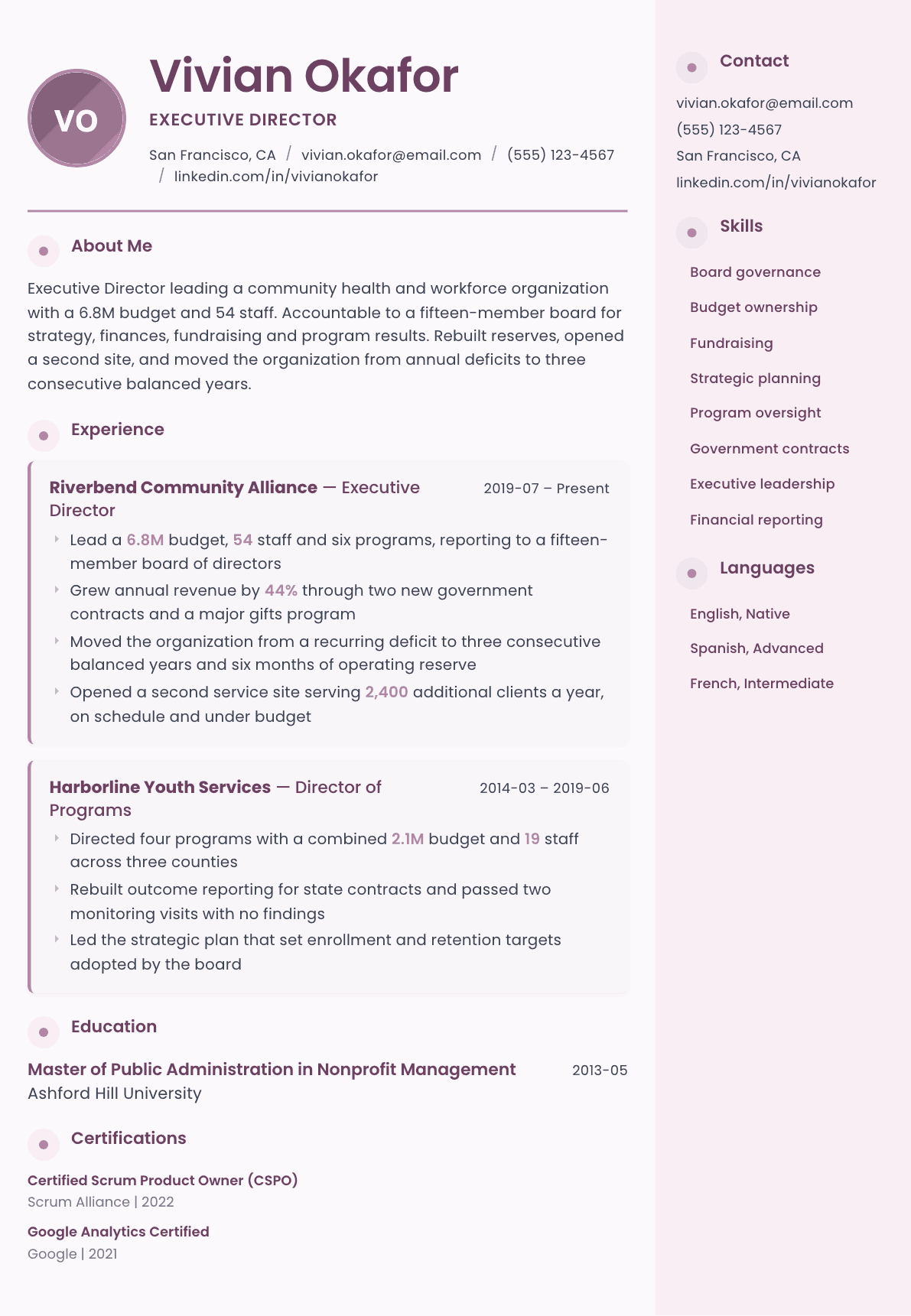 Executive Director resume example, Bloom template